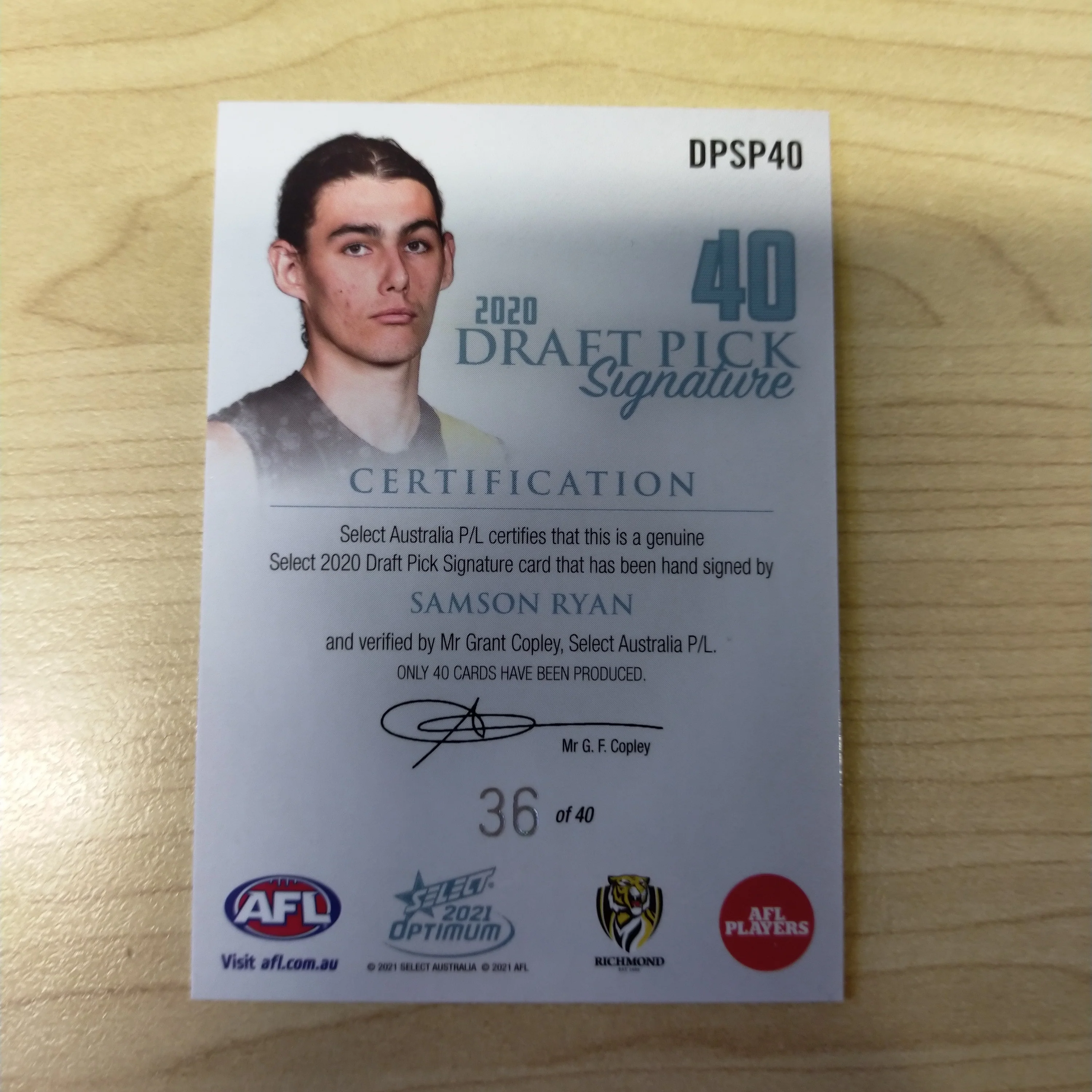 2021 AFL Select Optimum Platinum Draft Pick Signature Samson Ryan Richmond No.36/40 - Image 2