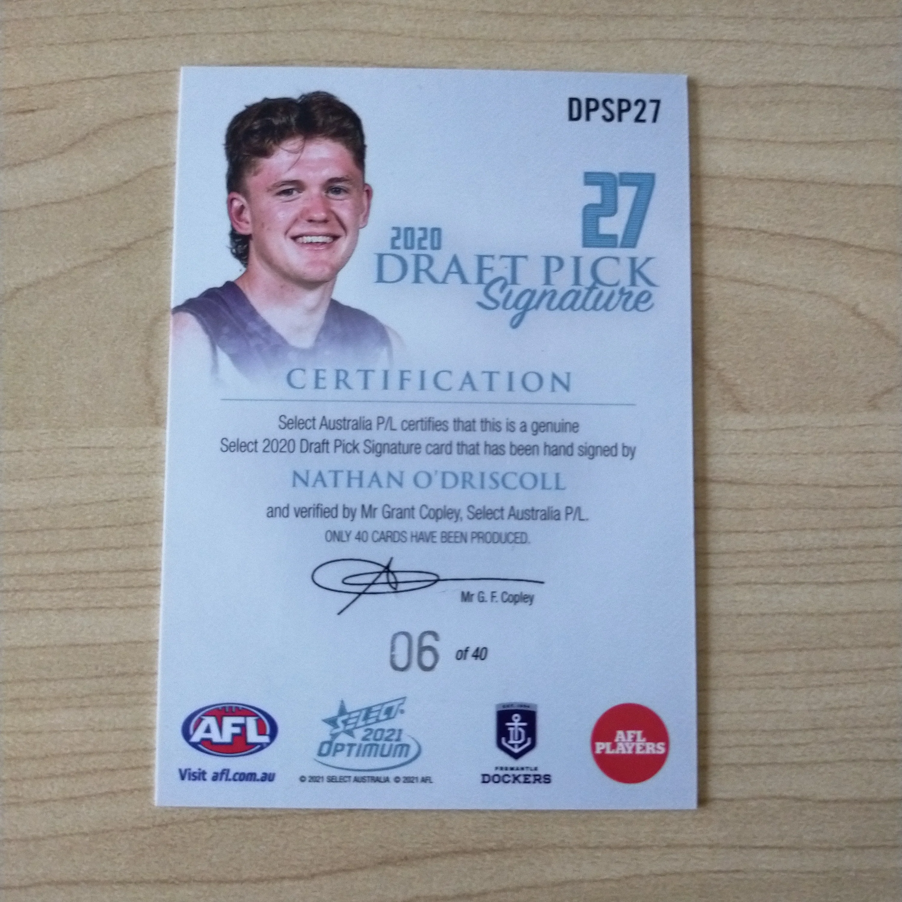 2021 AFL Select Optimum Platnium Draft Pick Signature Nathan O'Driscoll No.06/40 - Image 2