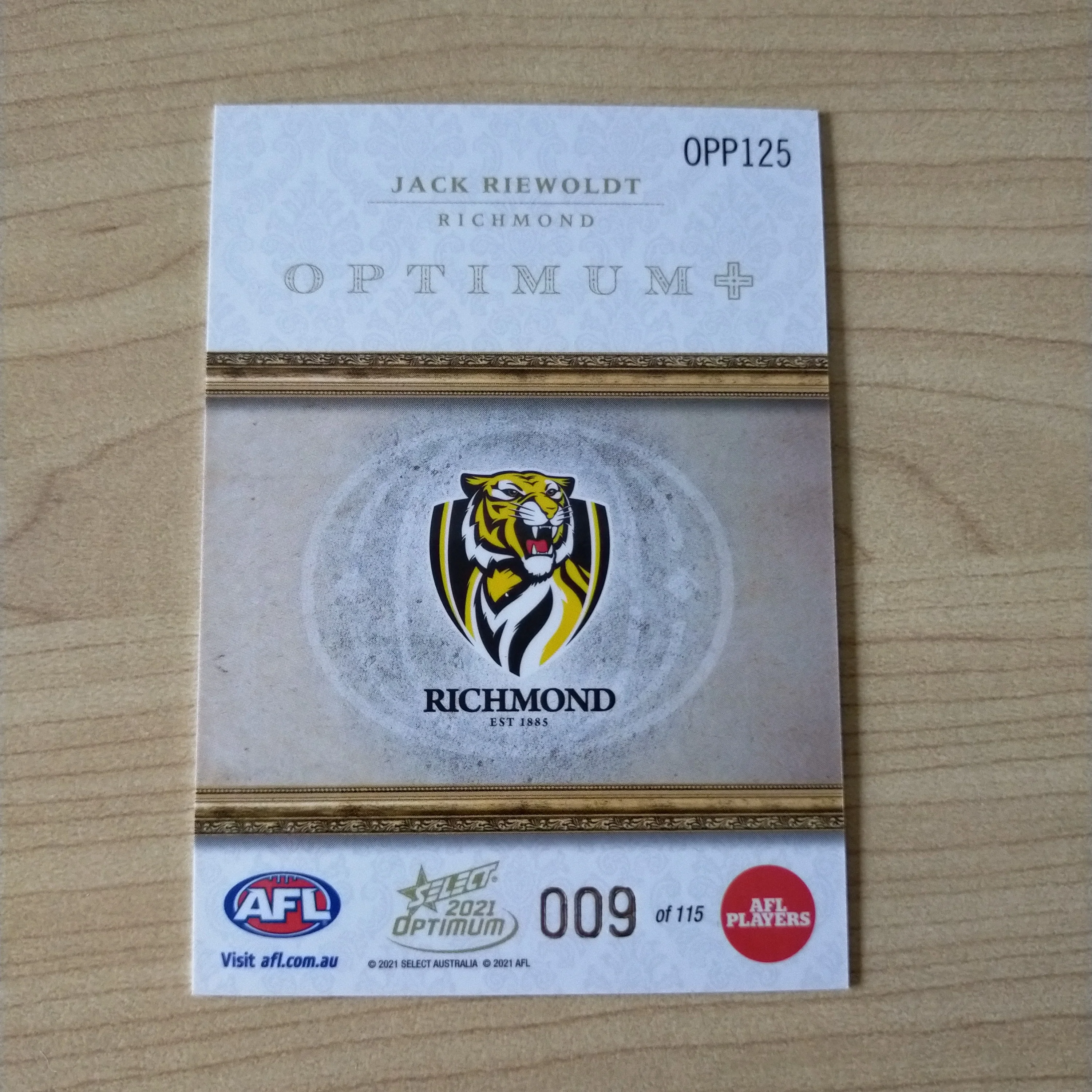 2021 AFL Select Optimum Plus Parallel Jack Riewoldt Richmond No.009/115 - Image 2