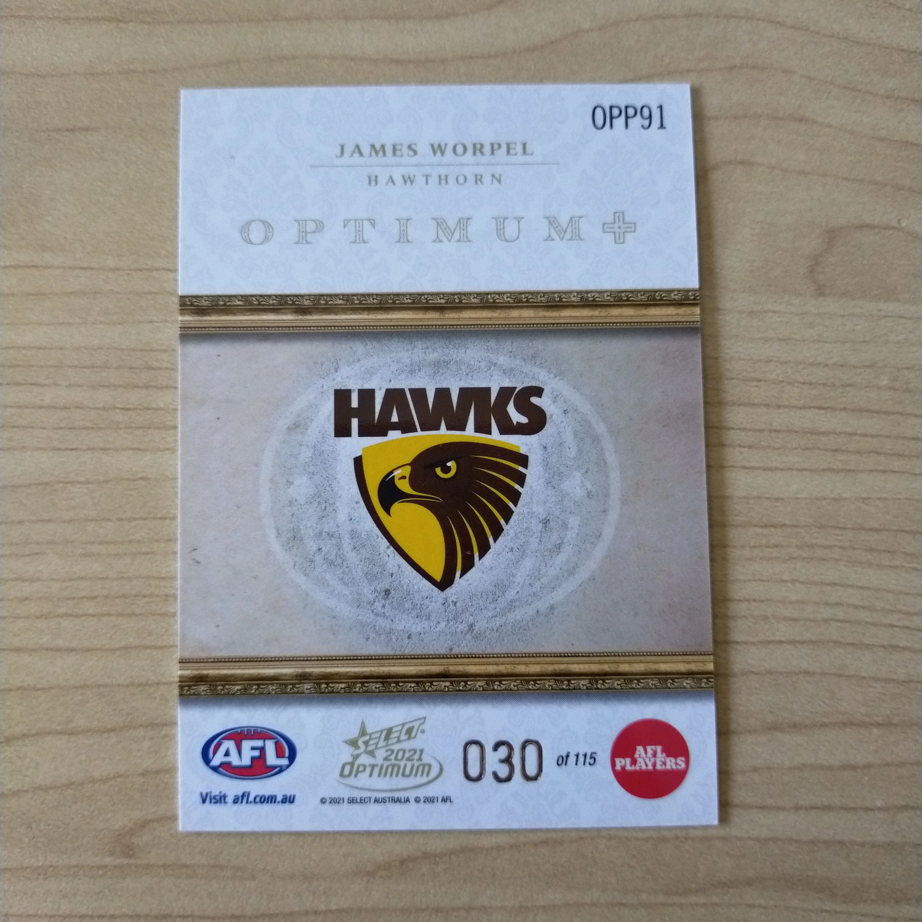 2021 AFL Select Optimum Plus Parallel James Worpel Hawthorn No.030/115 - Image 2