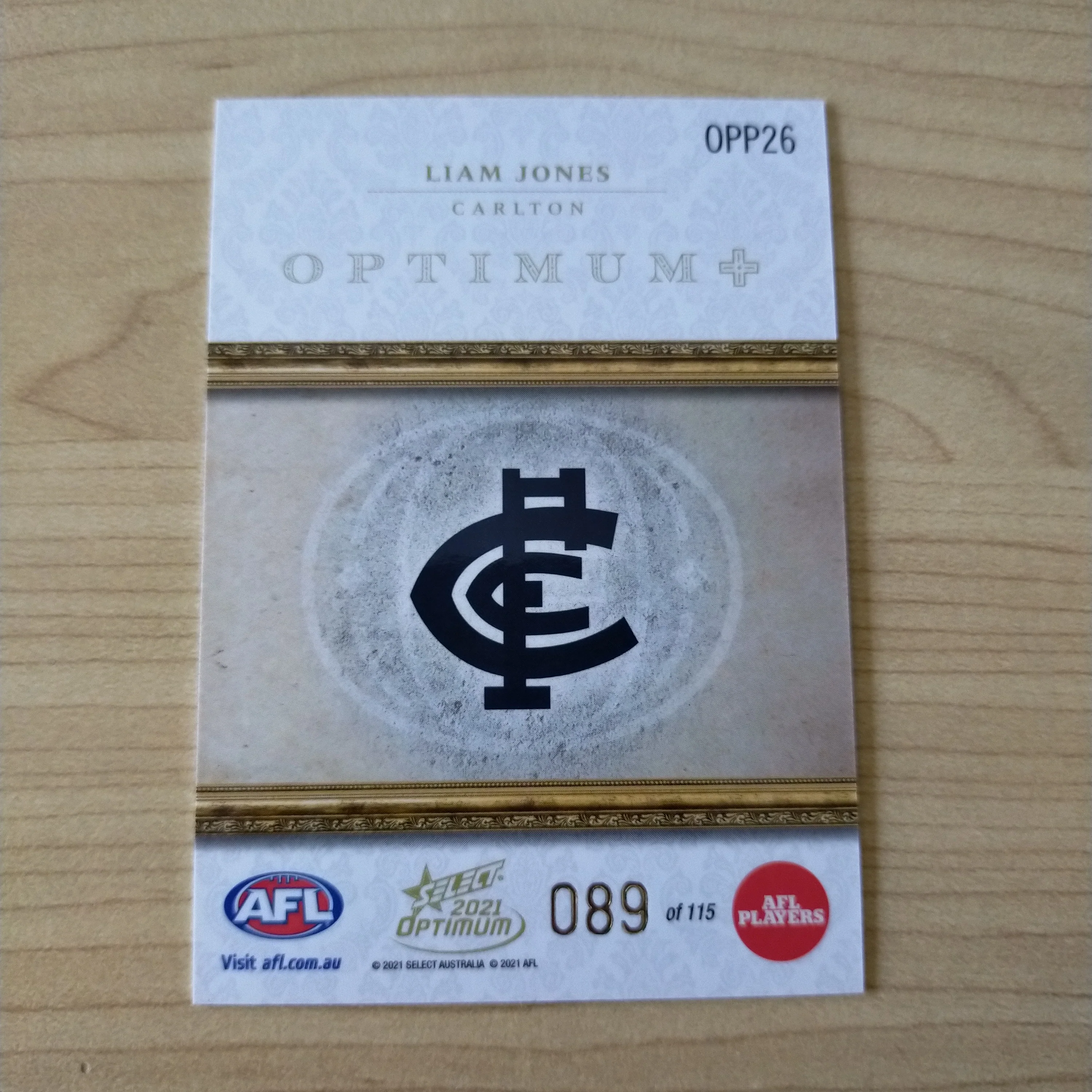 2021 AFL Select Optimum Plus Parallel Liam Jones Carlton No.089/115 - Image 2