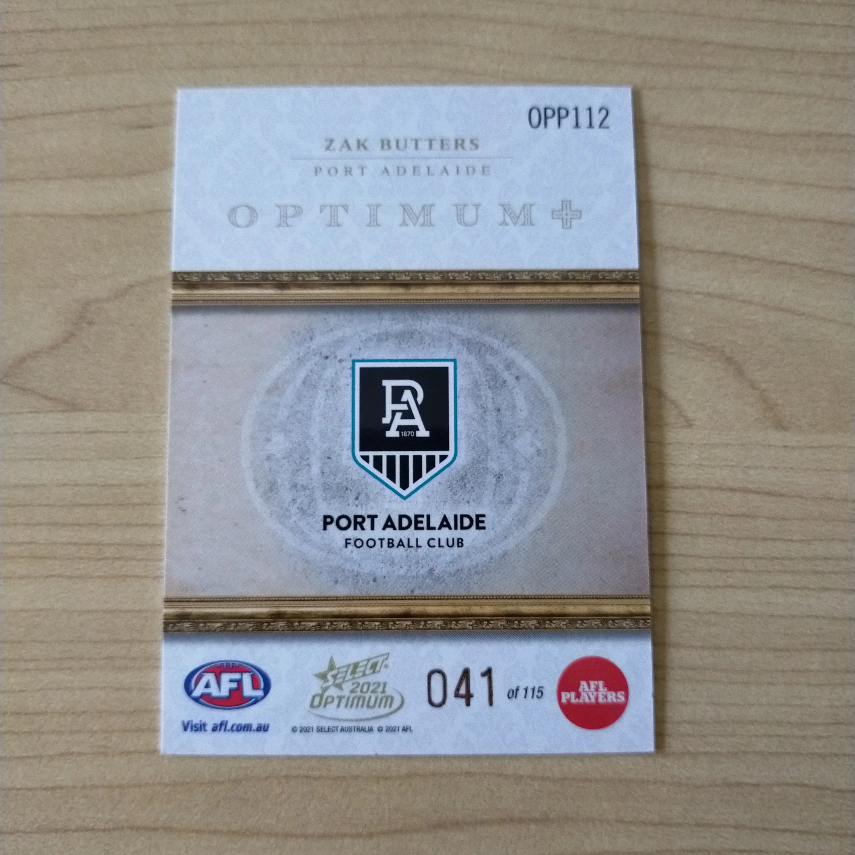 2021 AFL Select Optimum Plus Parallel Zak Butters Port Adelaide No.041/115 - Image 2