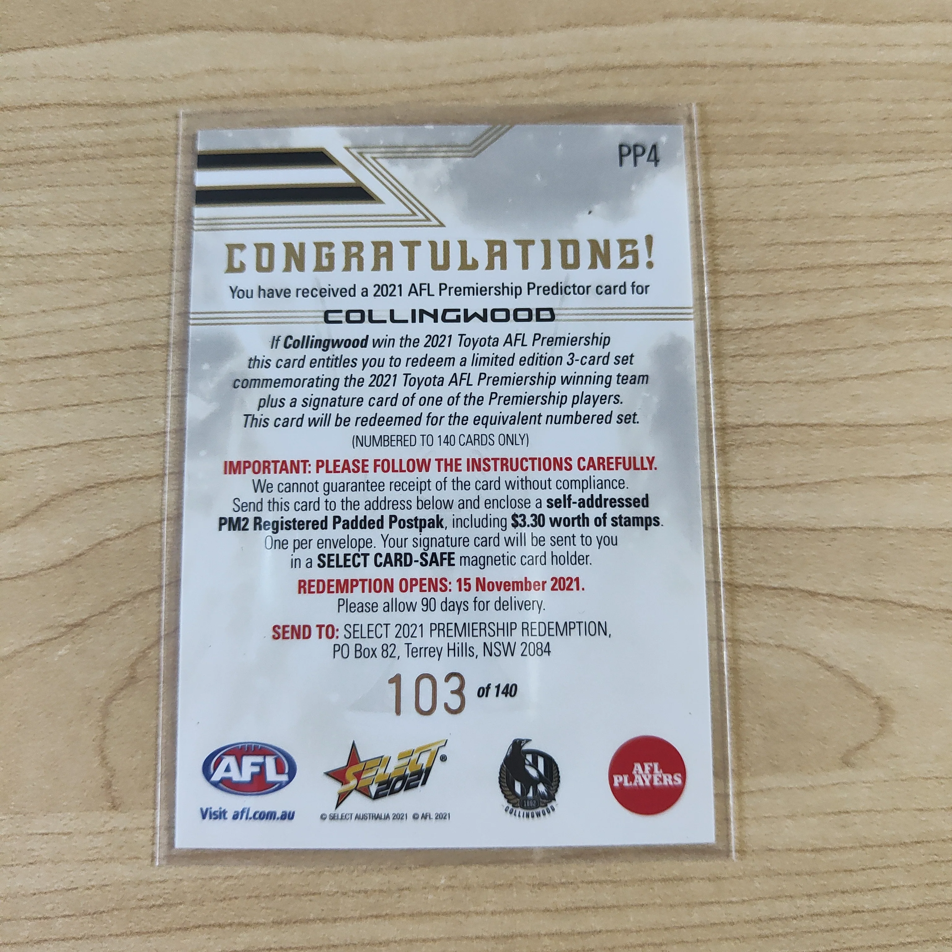 2021 AFL Select Premiership Predictor Collingwood No.103/140 - Image 2
