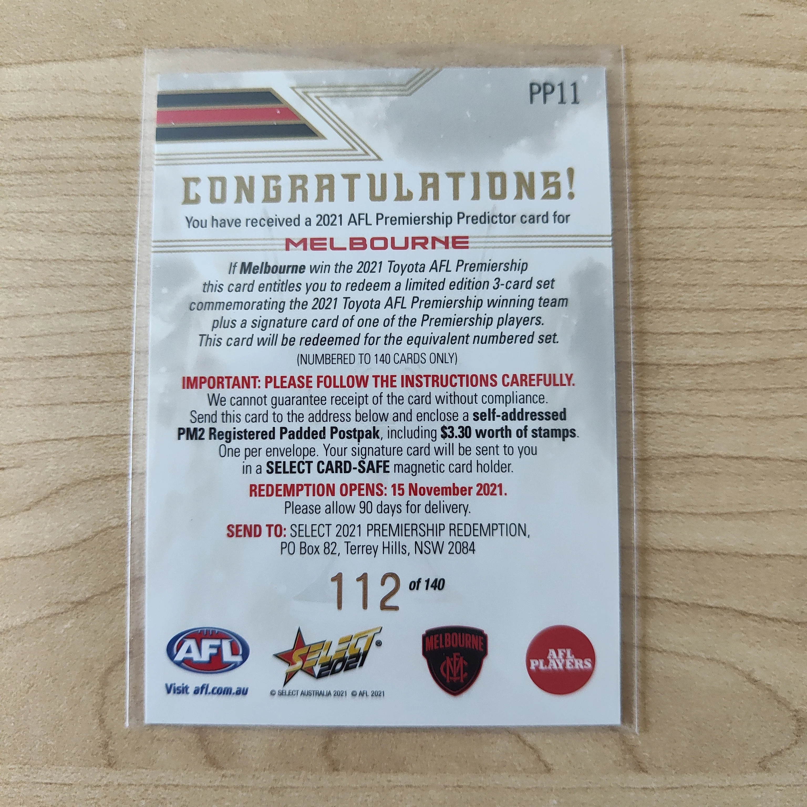 2021 AFL Select Premiership Predictor Redeemed Melbourne No.112/140 - Image 2