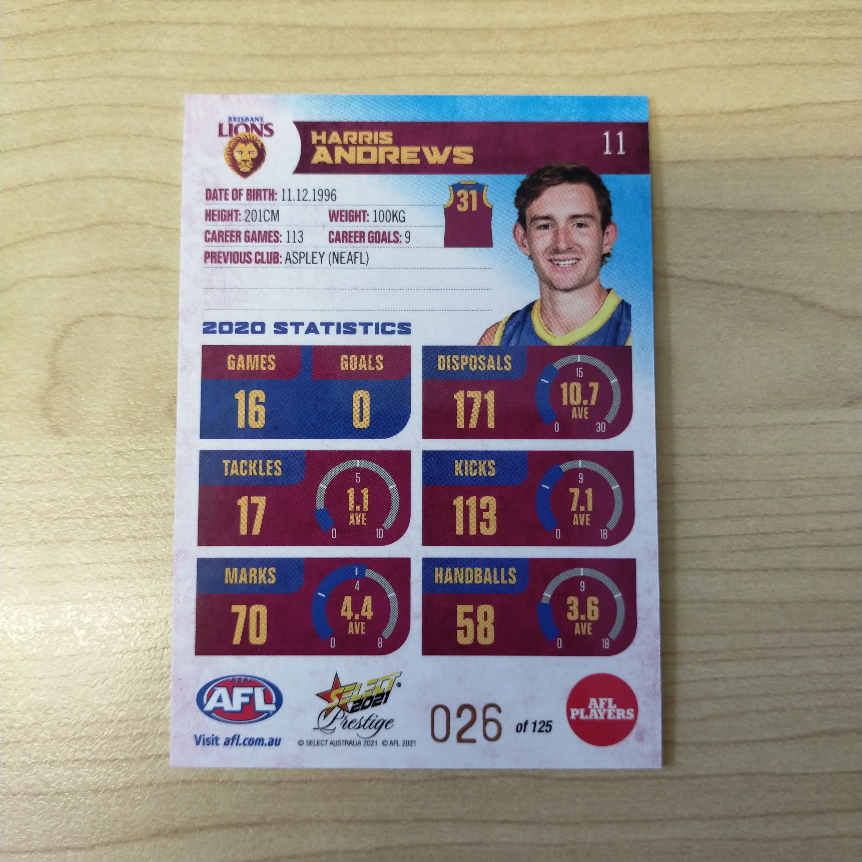 2021 AFL Select Prestige Blue Parallel Harris Andrews Brisbane No.26/125 - Image 2