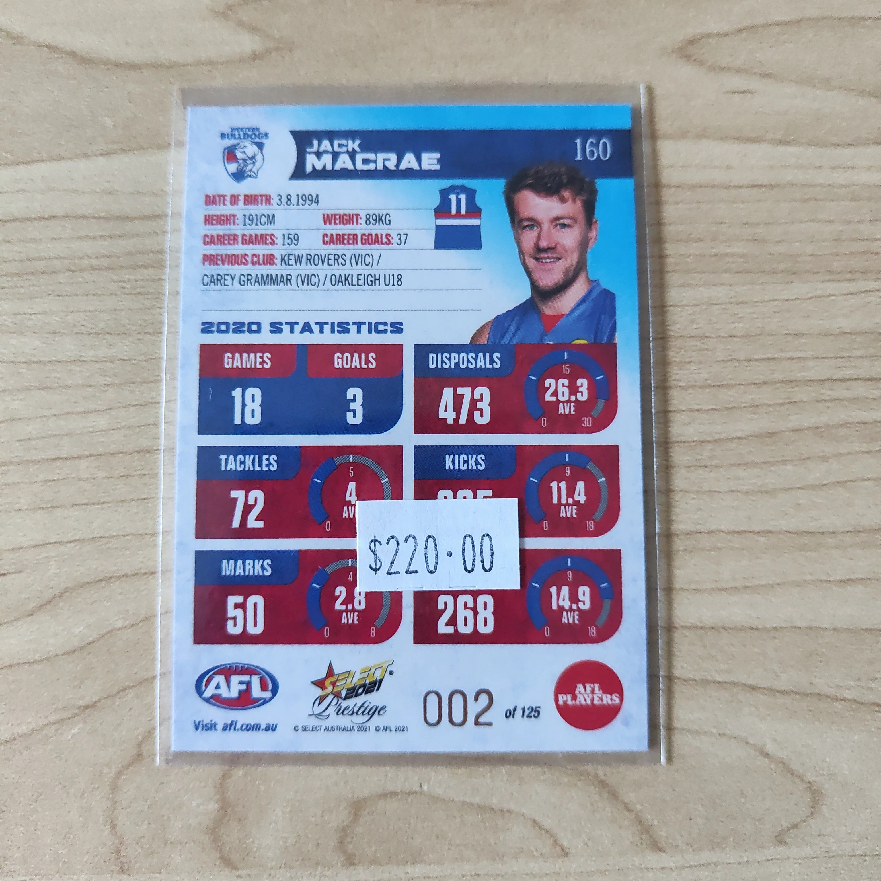 2021 AFL Select Prestige Blue Parallel Jack Macrae Western Bulldogs LOW NUMBER No.002/125 - Image 2
