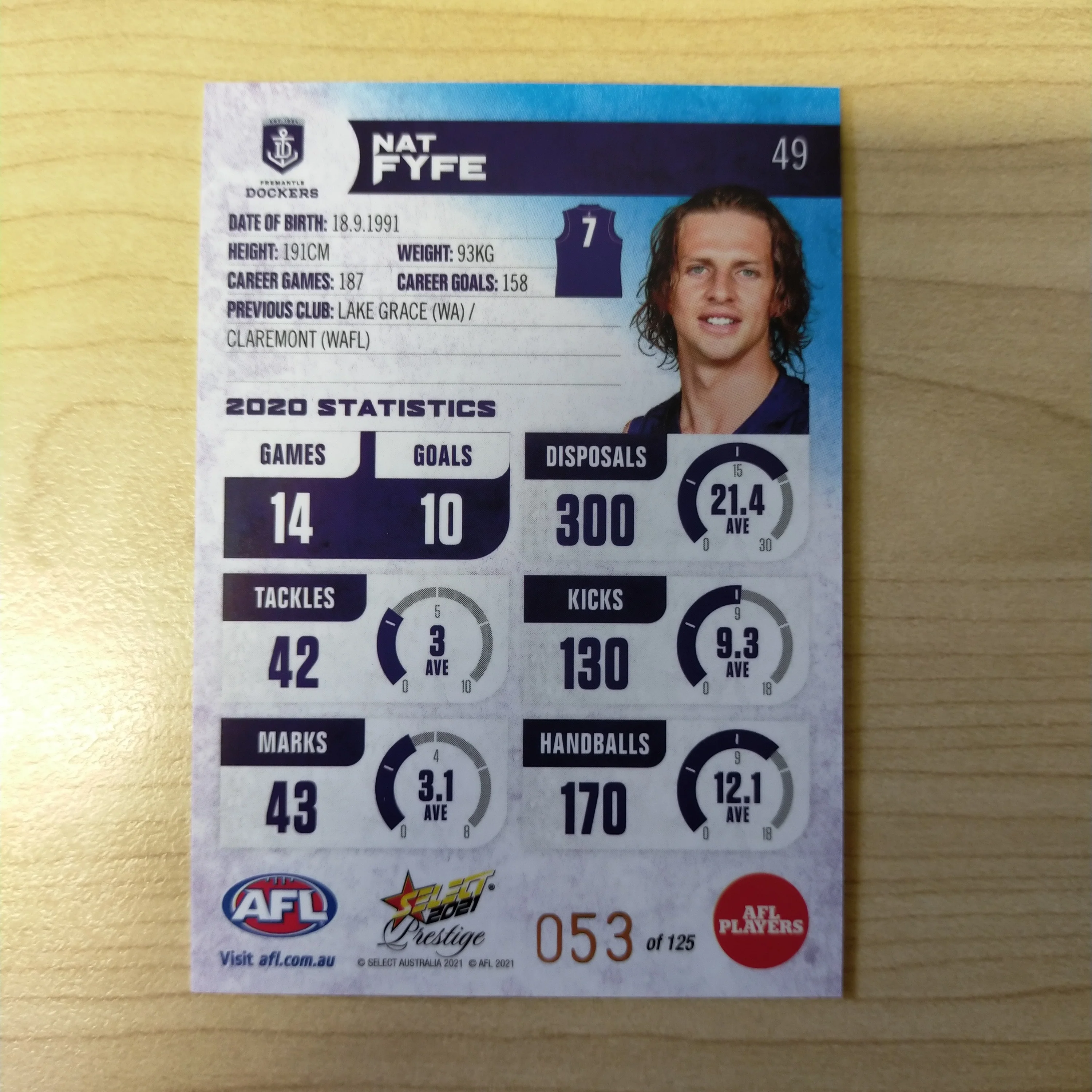 2021 AFL Select Prestige Blue Parallel Nat Fyfe Fremantle No.53/125 - Image 2
