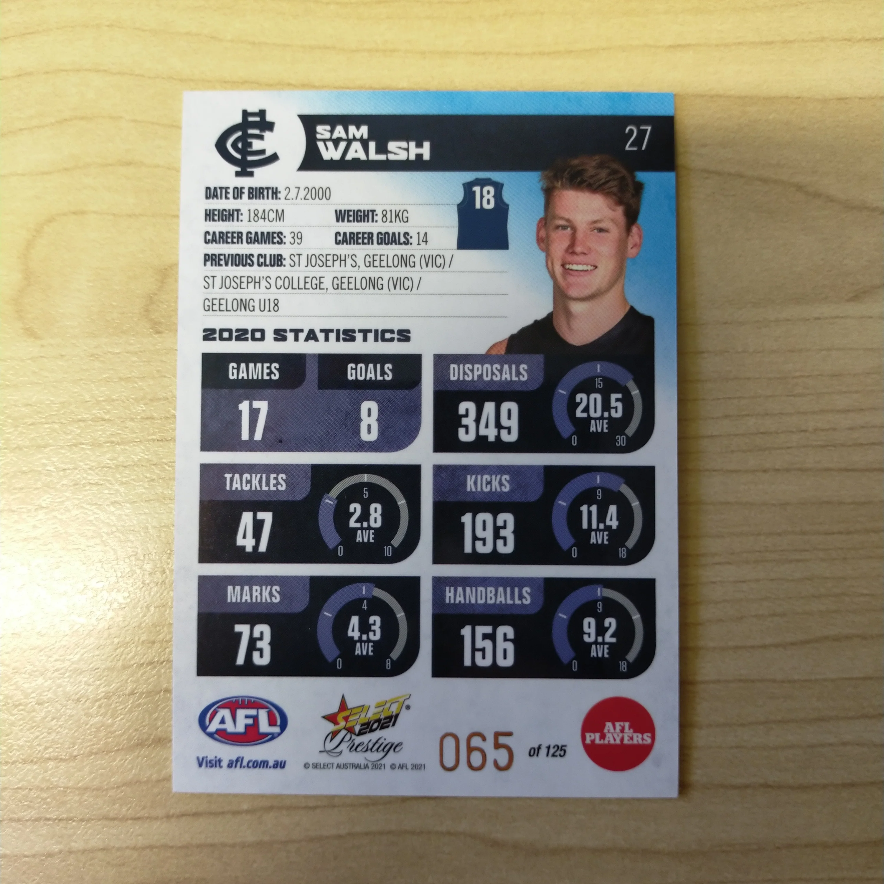 2021 AFL Select Prestige Blue Parallel Sam Walsh Carlton No.65/125 - Image 2