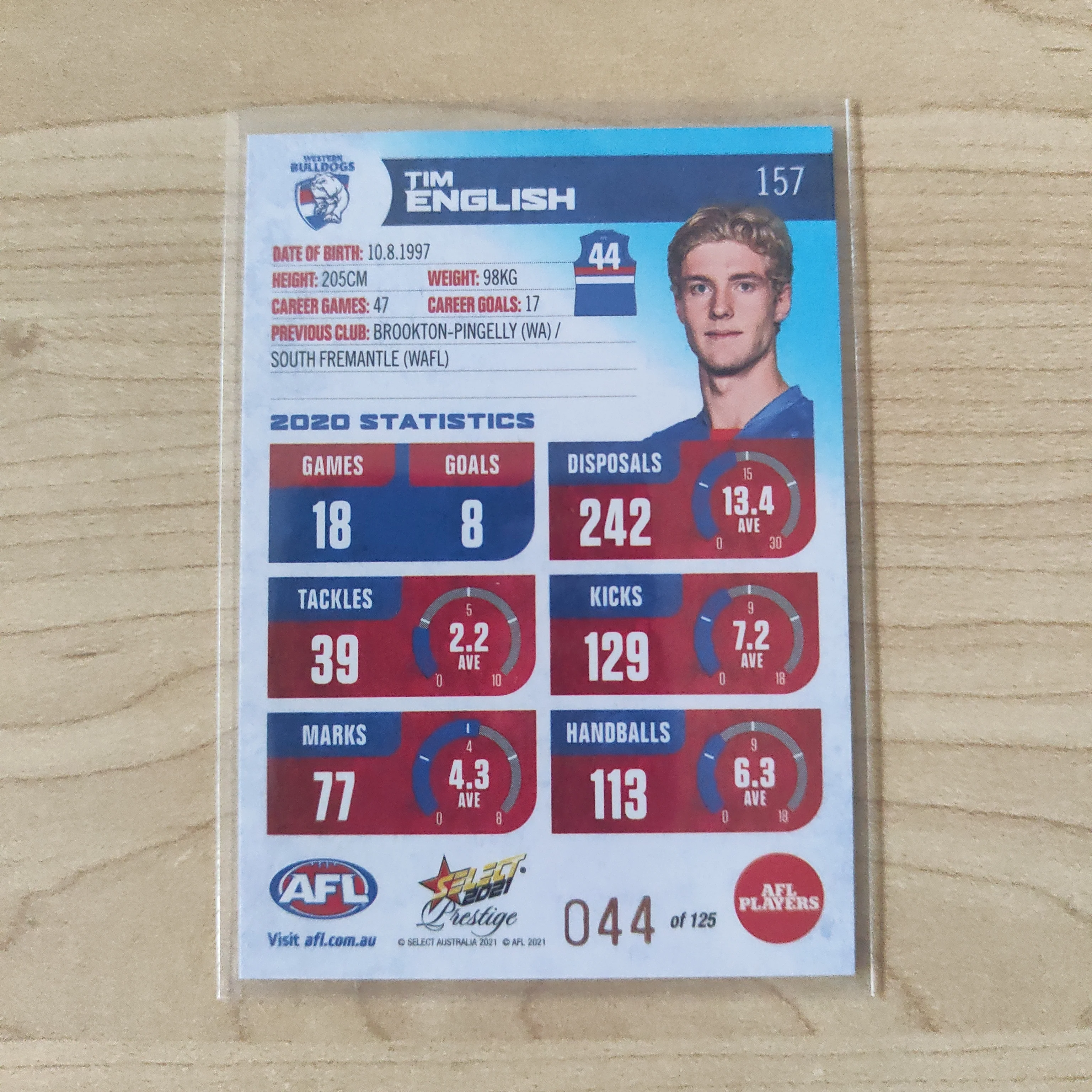 2021 AFL Select Prestige Blue Parallel Tim English Western Bulldogs JUMPER NUMBER No.044/125 - Image 2