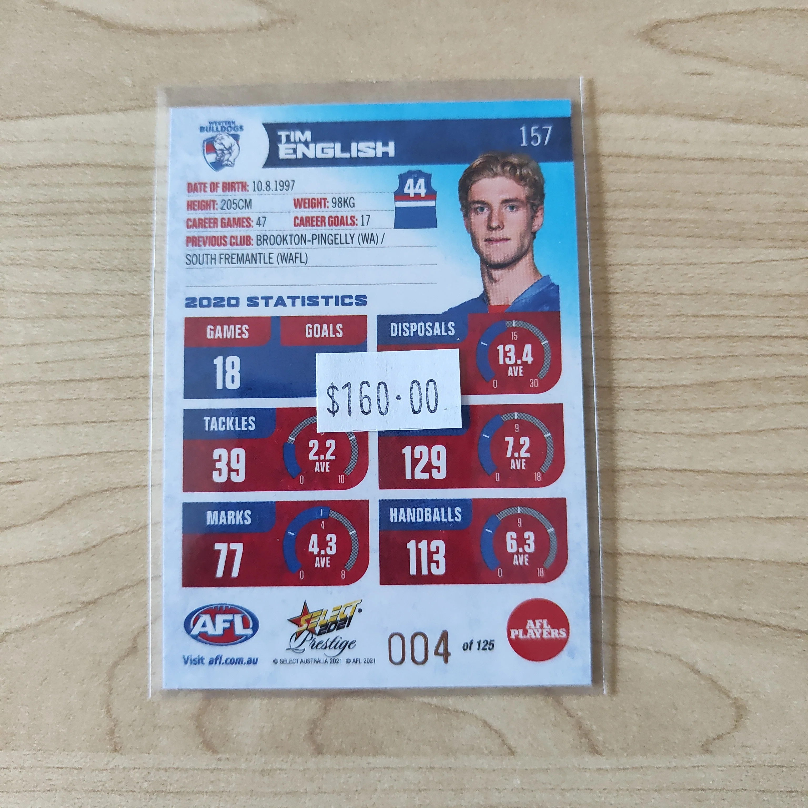 2021 AFL Select Prestige Blue Parallel Tim English Western Bulldogs LOW NUMBER No.004/125 - Image 2