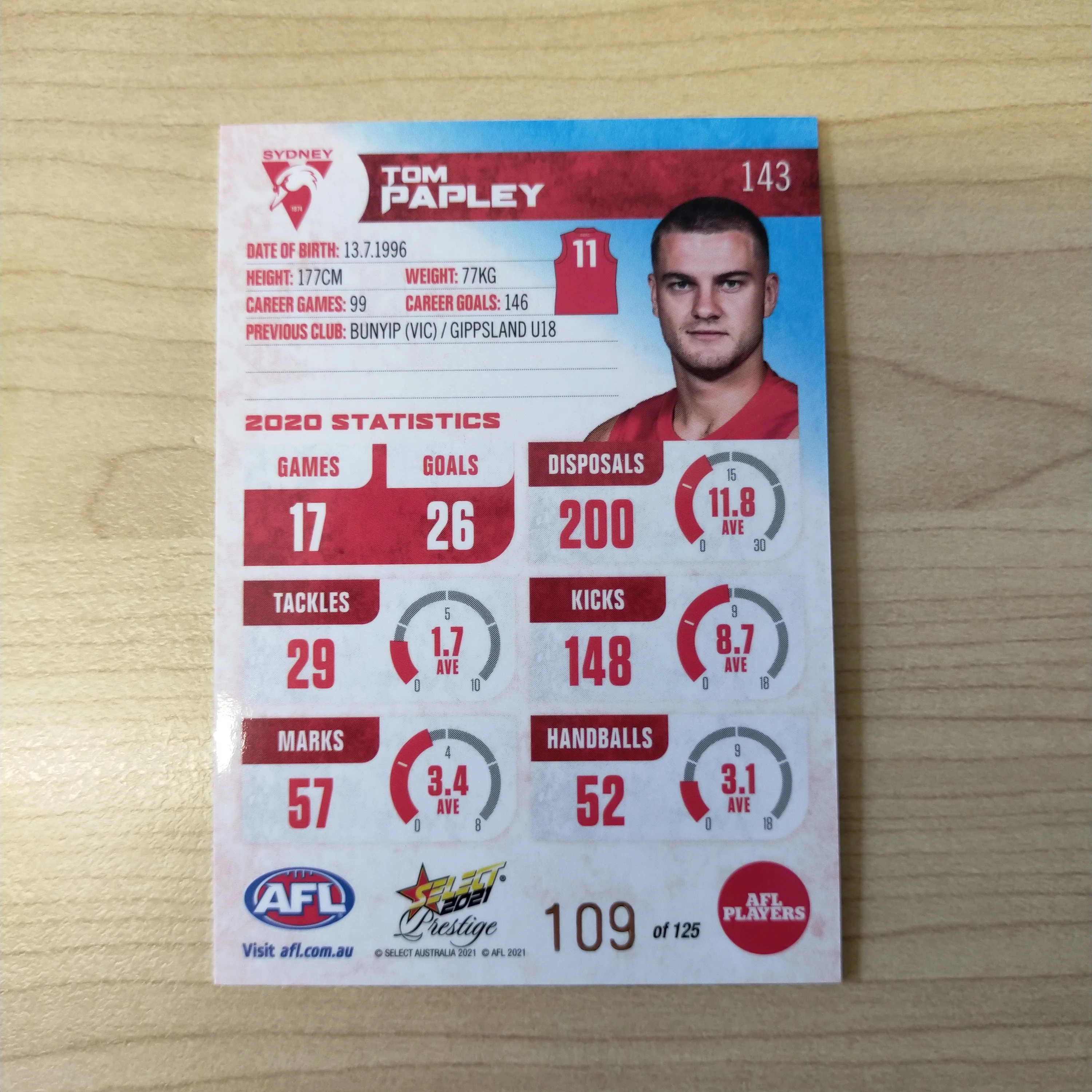 2021 AFL Select Prestige Blue Parallel Tom Papley Sydney No.109/125 - Image 2