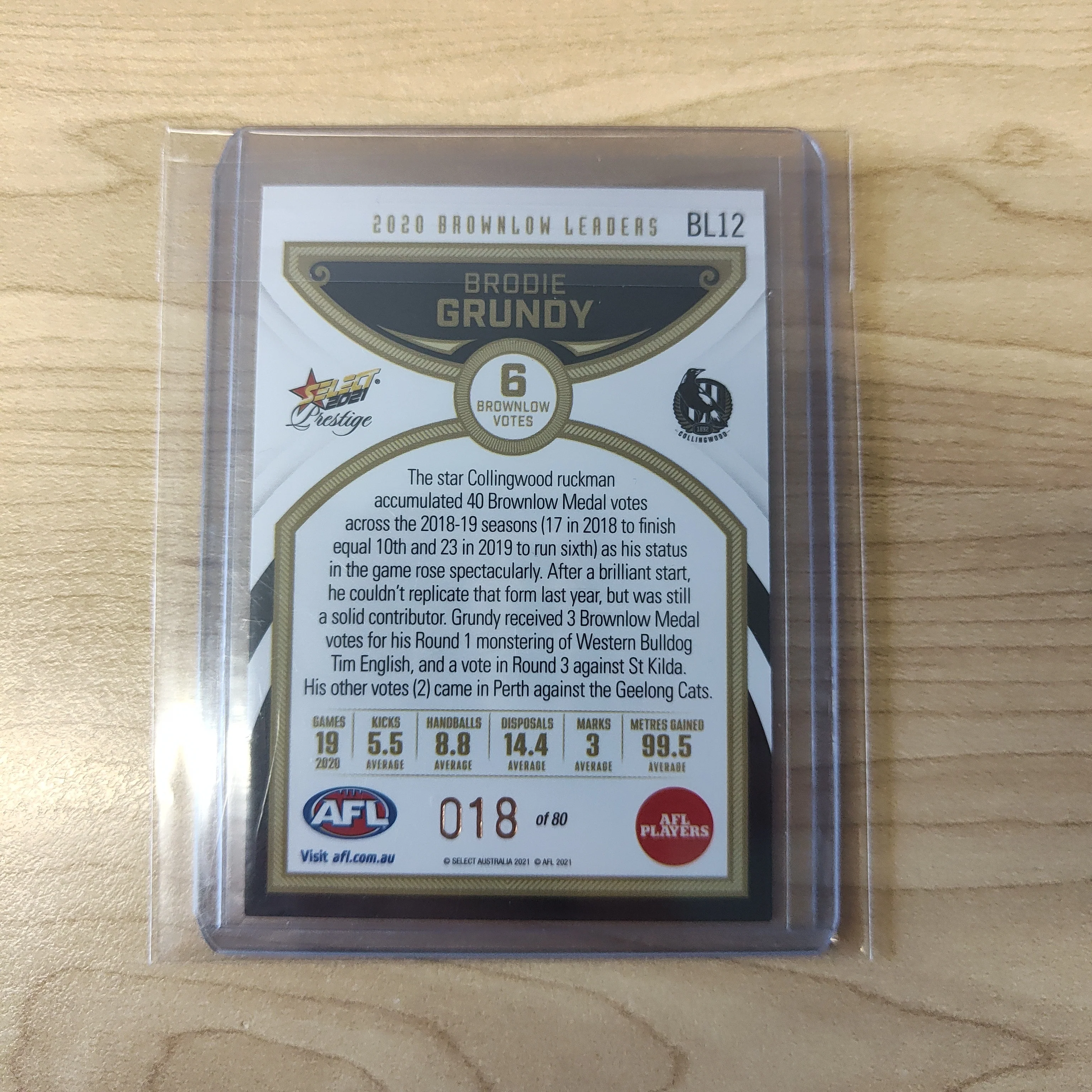 2021 AFL Select Prestige Brownlow Leaders Brodie Grundy Collingwood 18/80 - Image 2