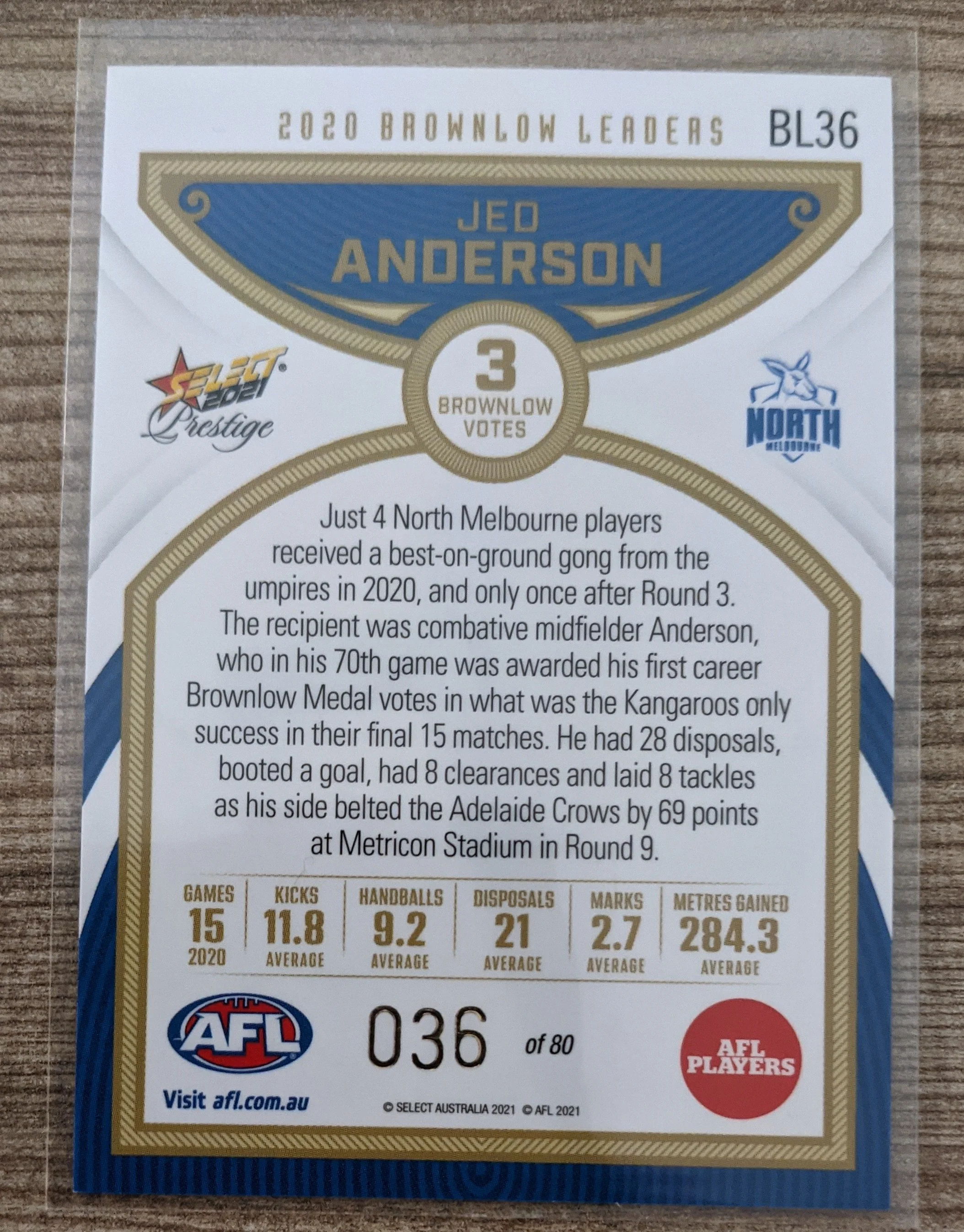 2021 AFL Select Prestige Brownlow Leaders North Melbourne Jed Anderson 36/80 - Image 2
