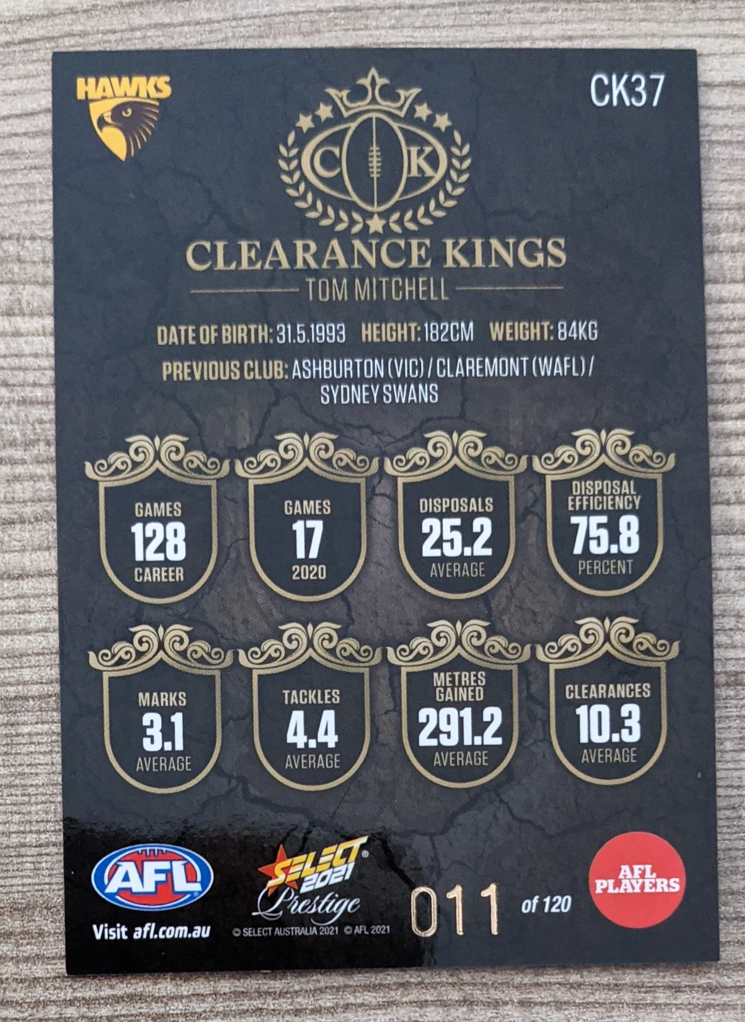 2021 AFL Select Prestige Clearance Kings Hawthorn Tom Mitchell 11/120 - Image 2
