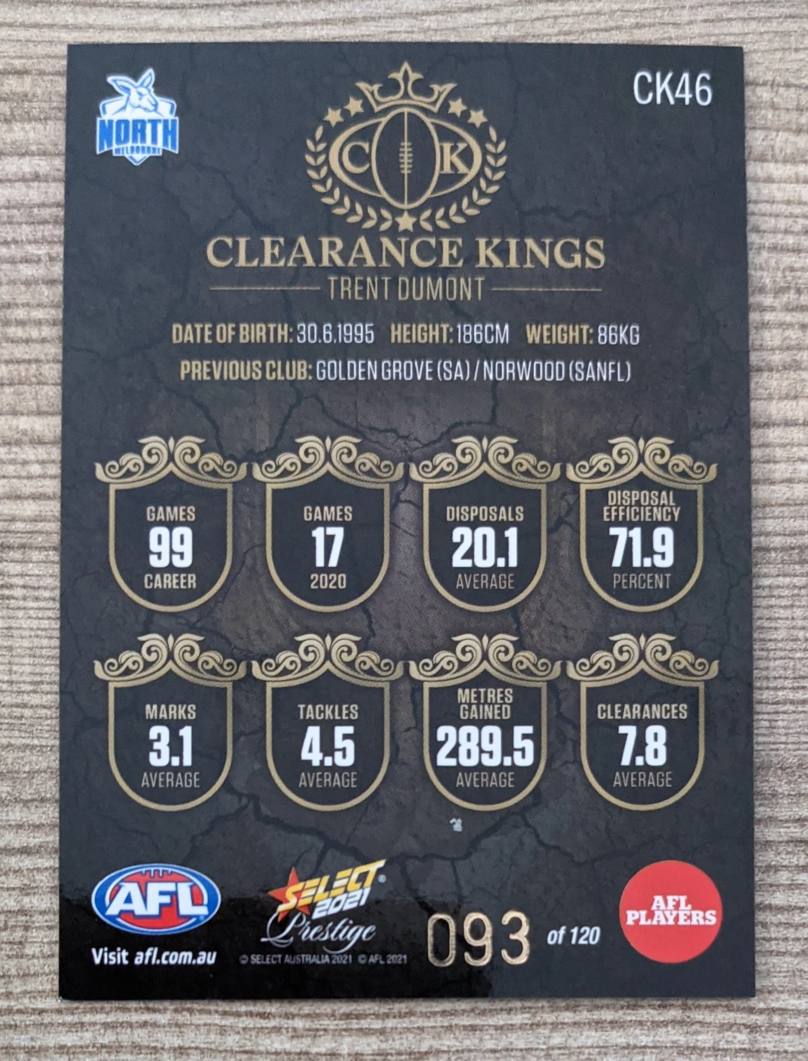 2021 AFL Select Prestige Clearance Kings North Melbourne Trent Dumont 93/120 - Image 2