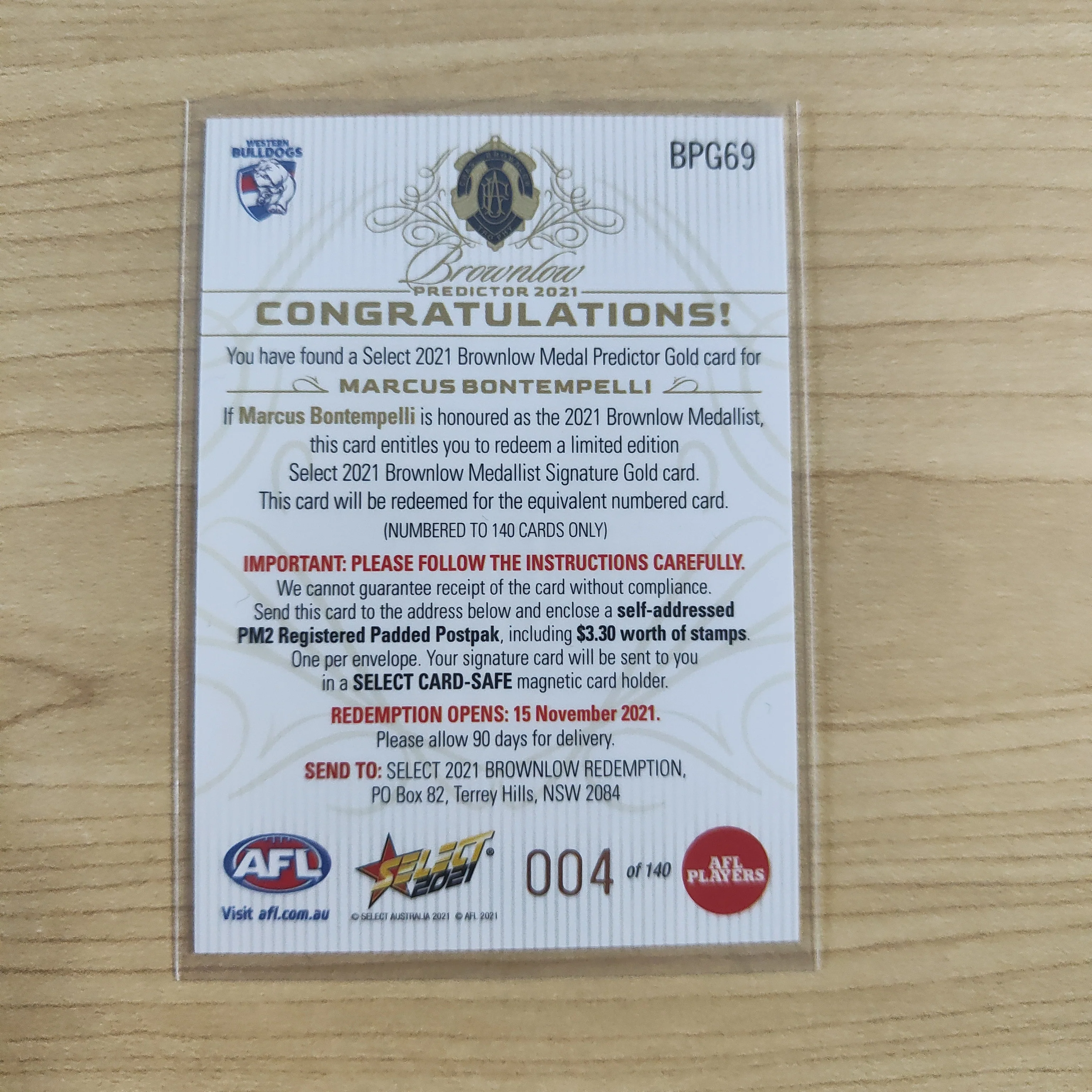2021 AFL Select Footy Stars Gold Brownlow Predictor Marcus Bontempelli Western Bulldogs LOW NUMBER No.004/140 - Image 2
