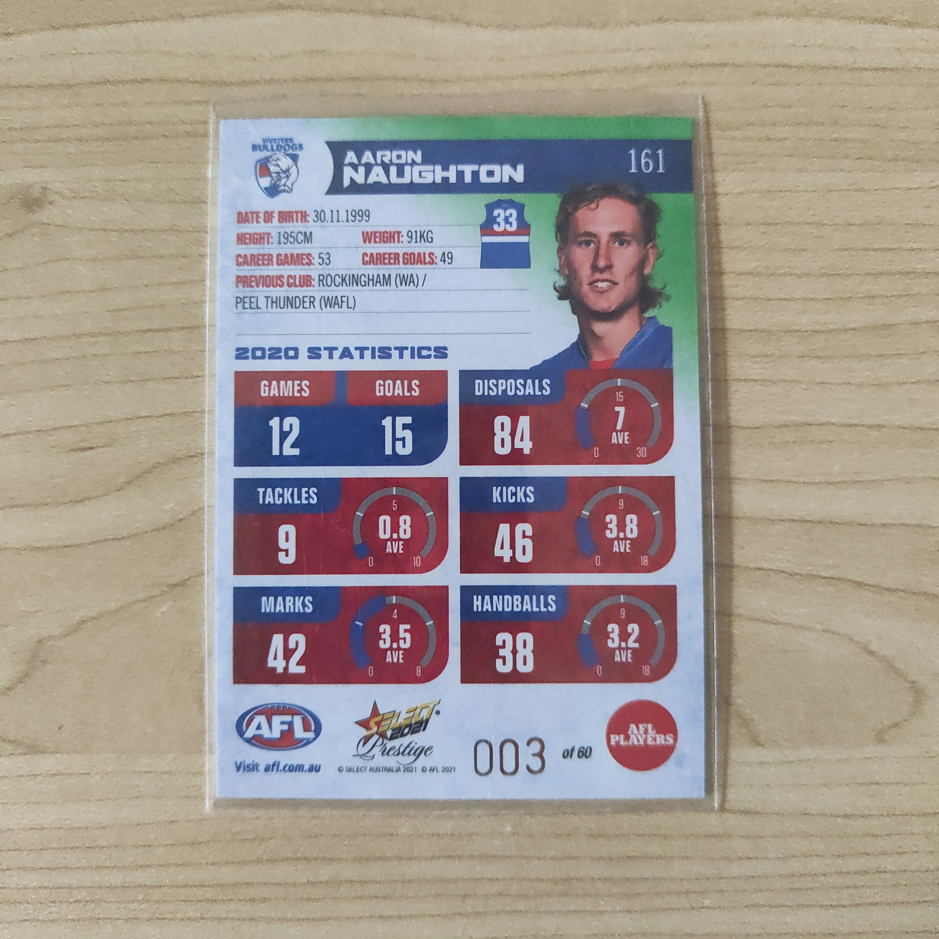 2021 AFL Select Prestige Green Parallel Aaron Naughton Western Bulldogs LOW NUMBER No.003/60 - Image 2