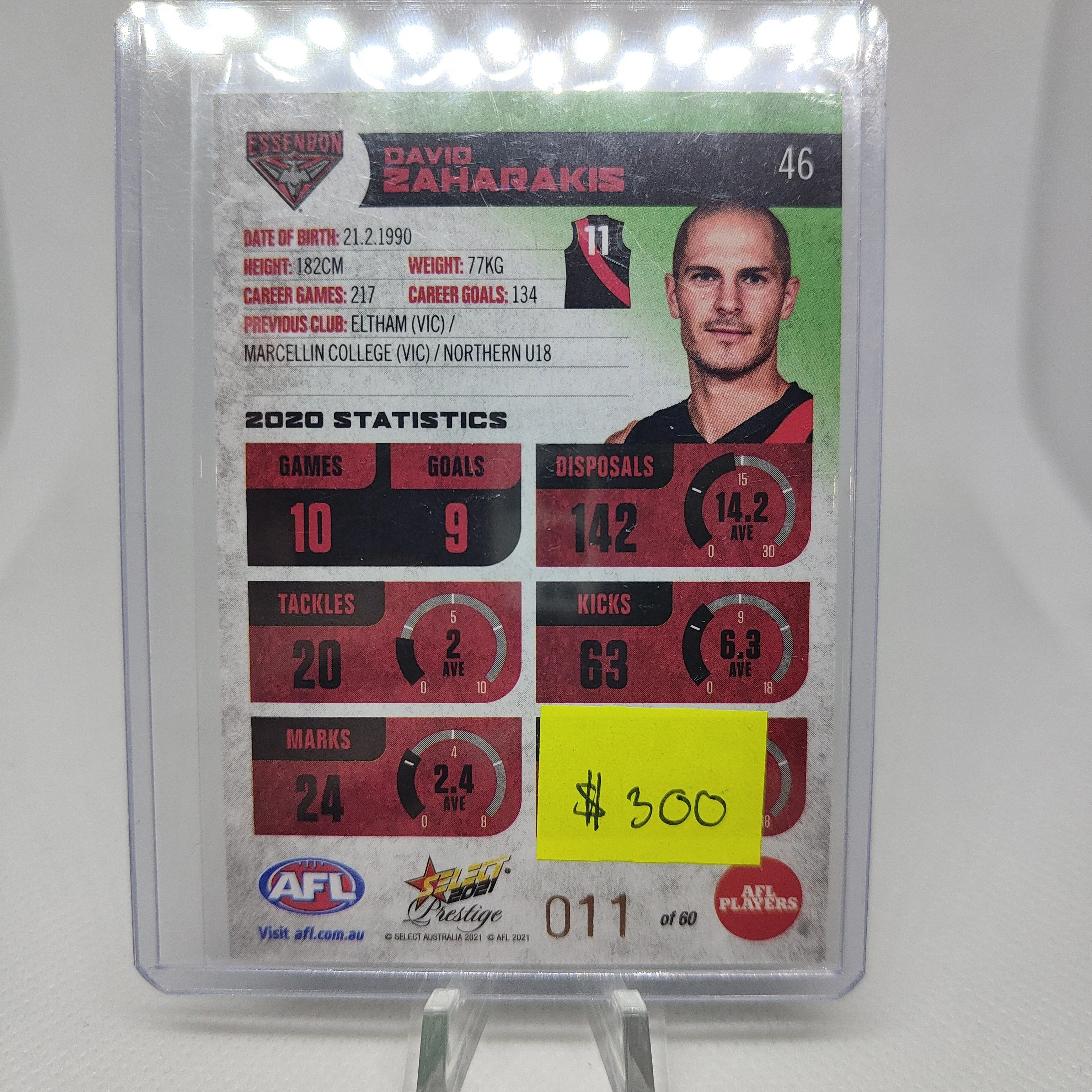 2021 AFL Select Prestige Green Parallel David Zaharakis Essendon JUMPER NUMBER 11/60 - Image 2