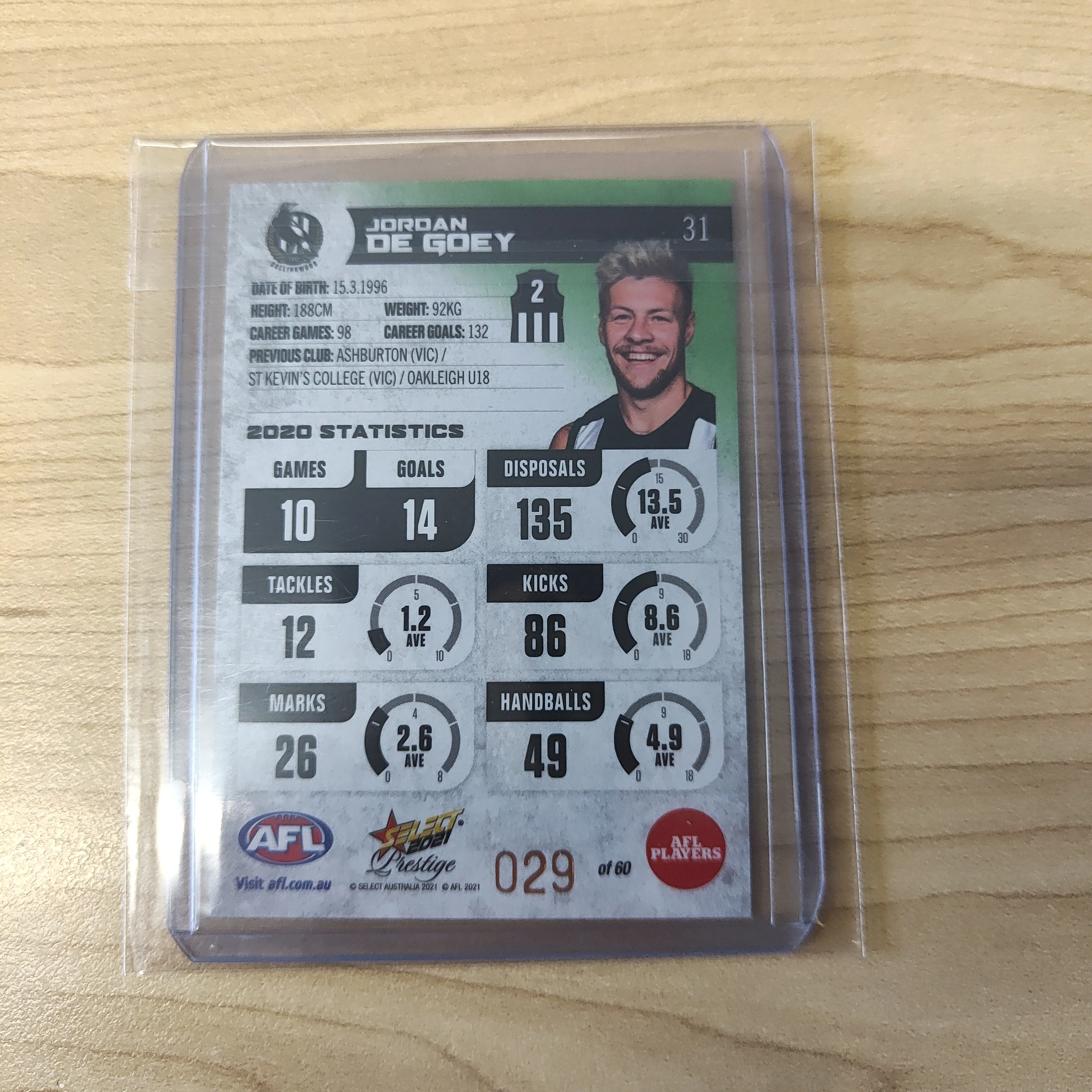 2021 AFL Select Prestige Green Parallel Jordan De Goey Collingwood 29/60 - Image 2