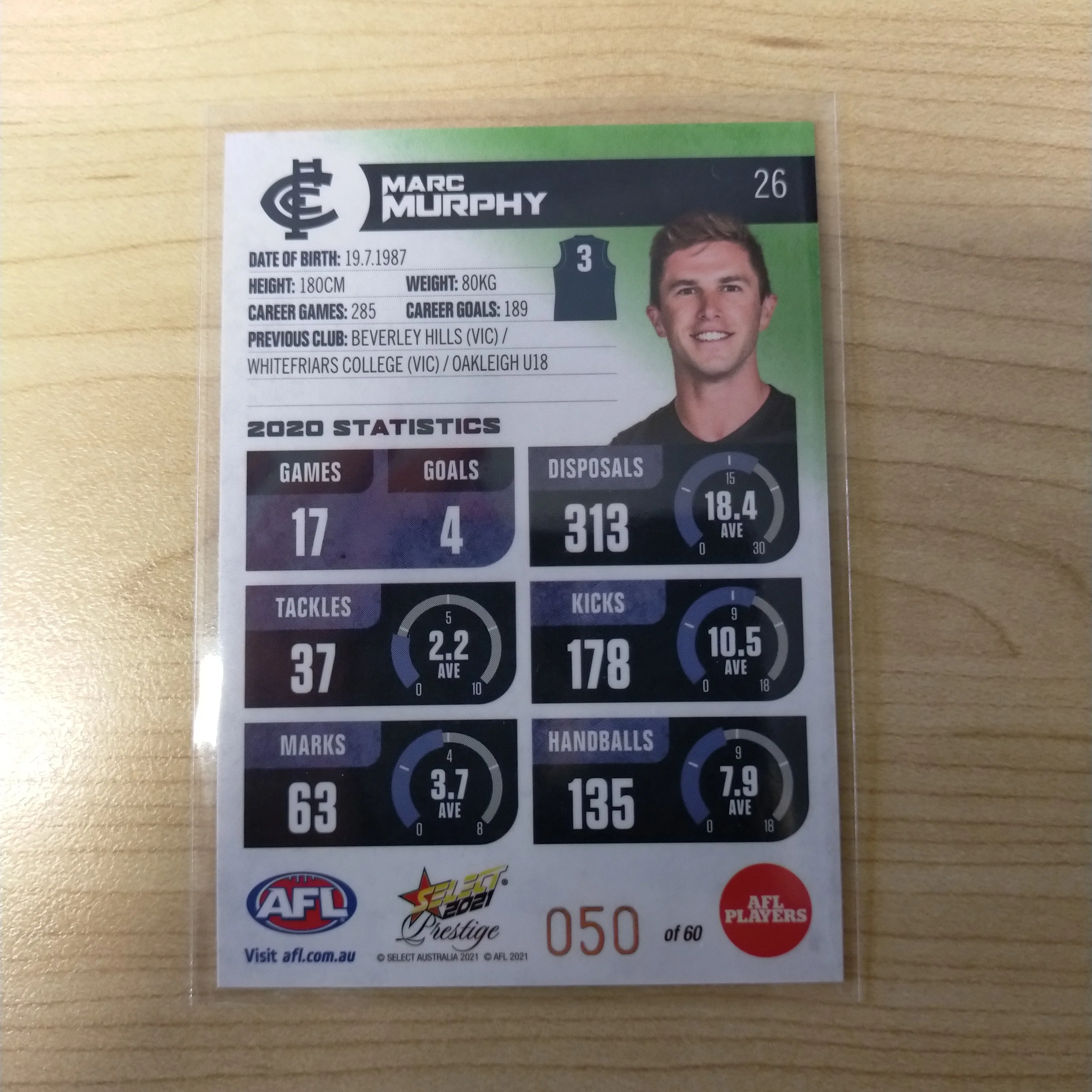 2021 AFL Select Prestige Green Parallel Marc Murphy Carlton No.50/60 - Image 2