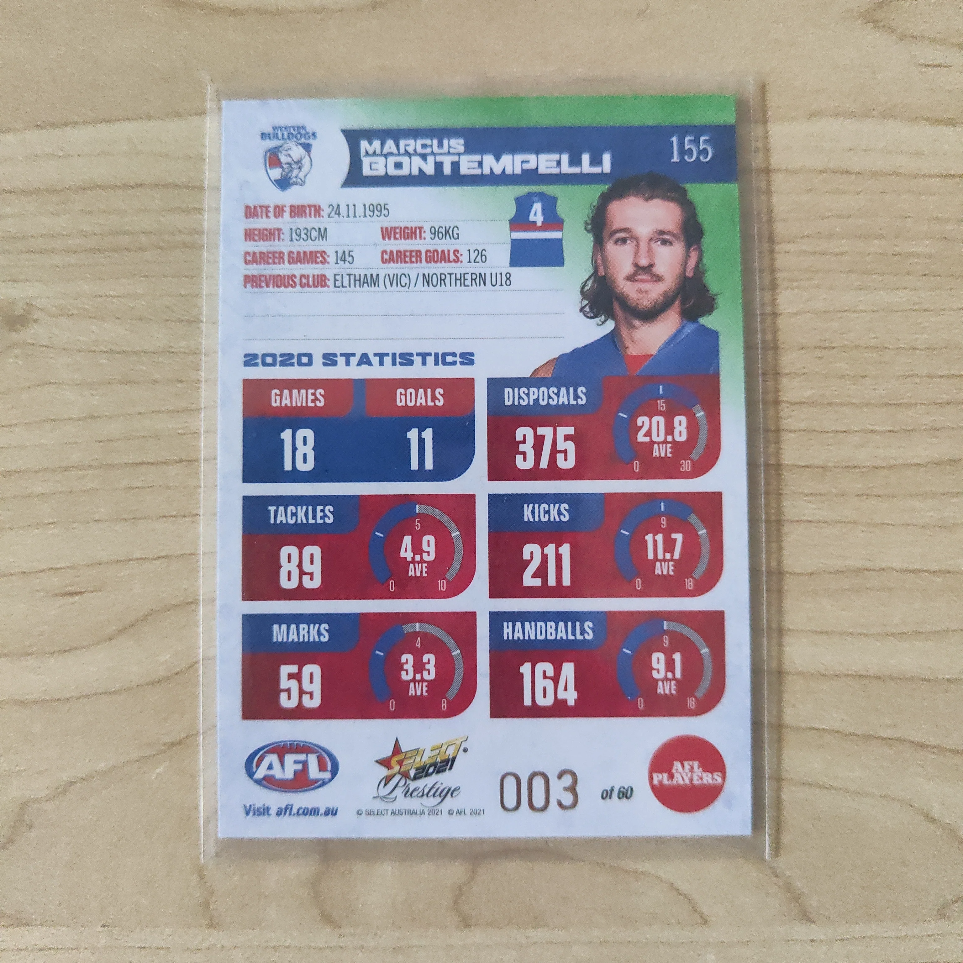 2021 AFL Select Prestige Green Parallel Marcus Bontempelli Western Bulldogs LOW NUMBER No.003/60 - Image 2