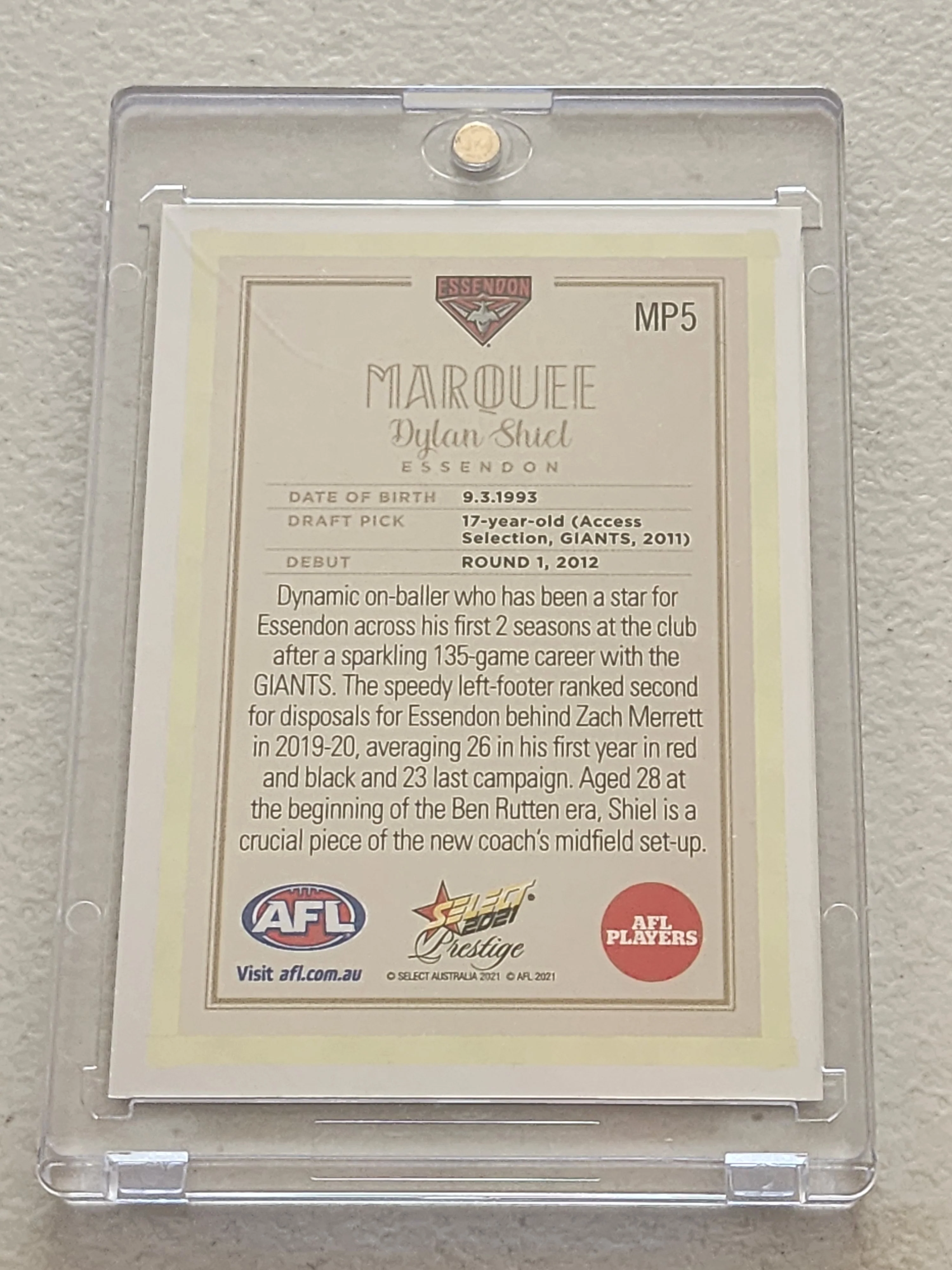 2021 AFL Select Prestige Marquee Dylan Shiel Essendon MP5 37/40 - Image 2