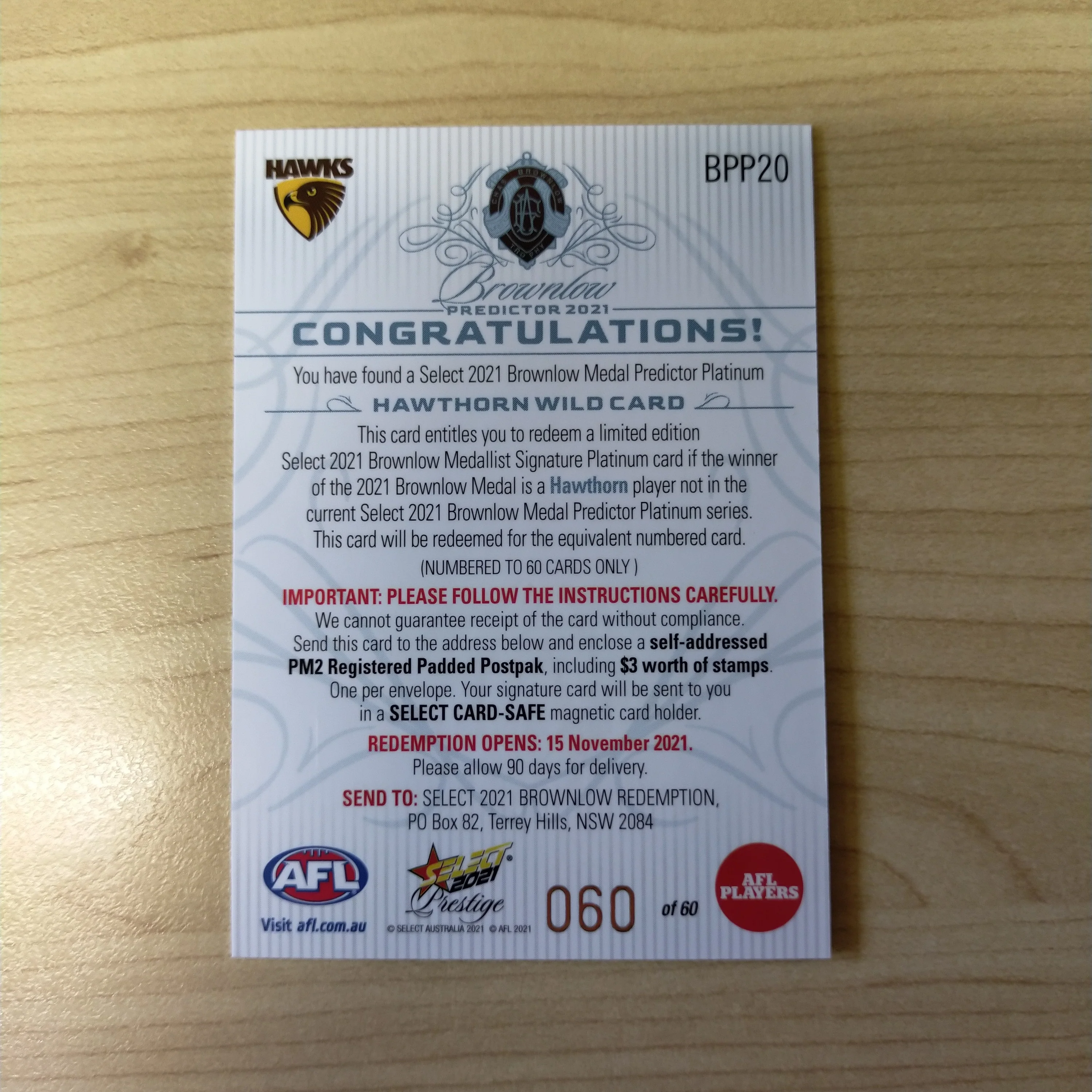 2021 AFL Select Prestige Platnium Brownlow Predictor Hawthorn Wildcard No.60/60 - Image 2