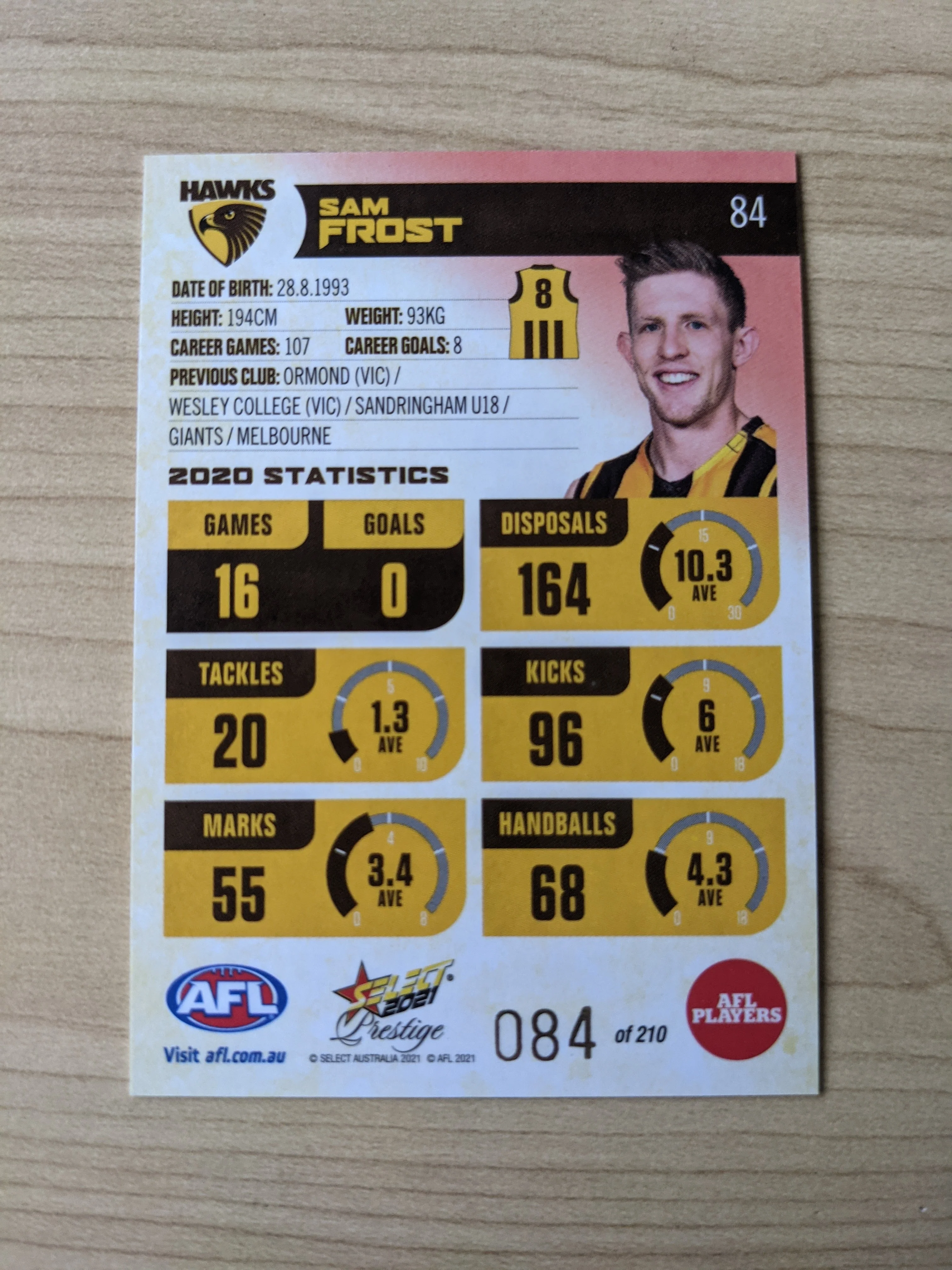 2021 AFL Select Prestige Red Parallel Hawthorn Sam Frost 84/210 - Image 2