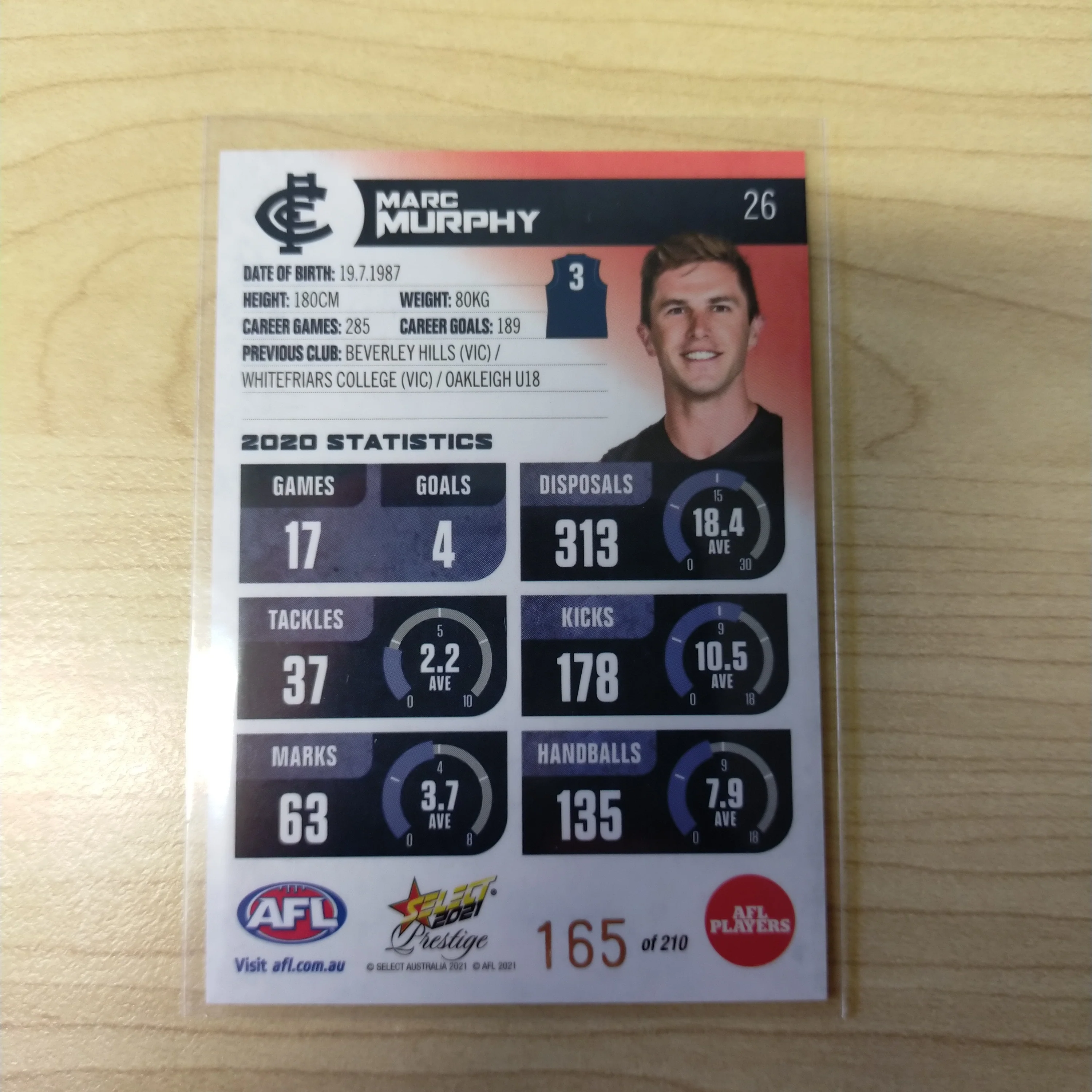 2021 AFL Select Prestige Red Parallel Marc Murphy Carlton No.165/210 - Image 2
