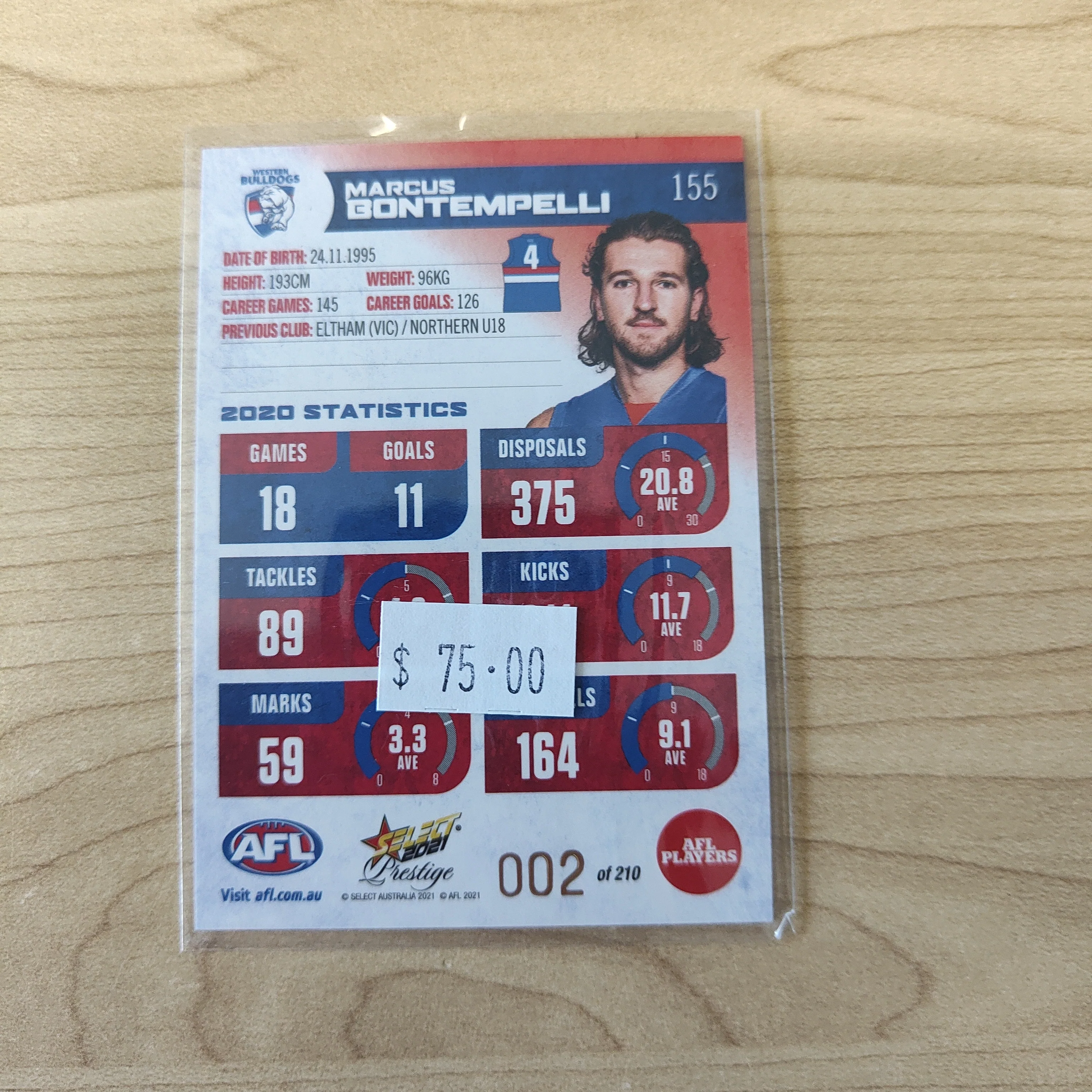 2021 AFL Select Prestige Red Parallel Marcus Bontempelli Western Bulldogs LOW NUMBER No.002/210 - Image 2