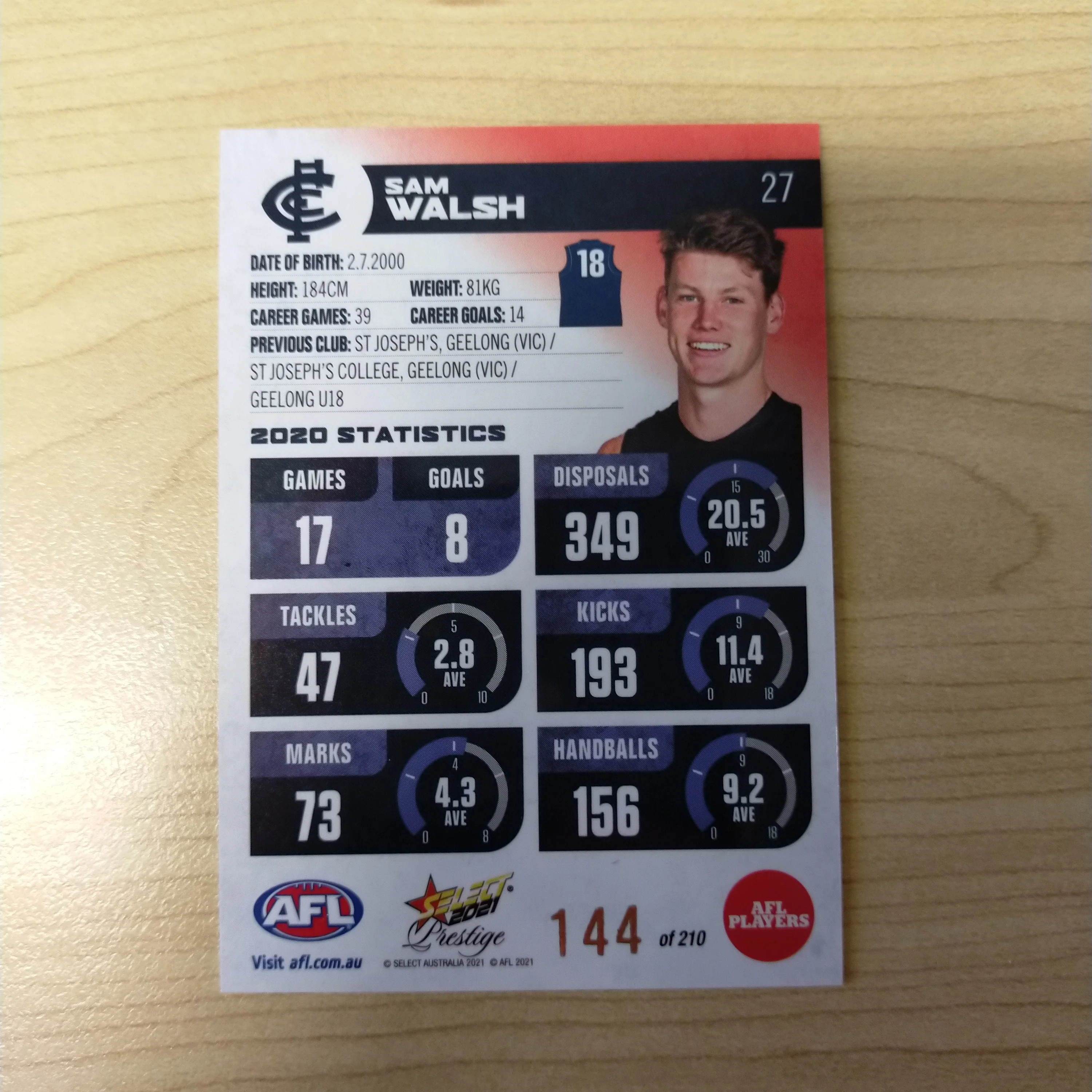 2021 AFL Select Prestige Red Parallel Sam Walsh Carlton No.144/210 - Image 2