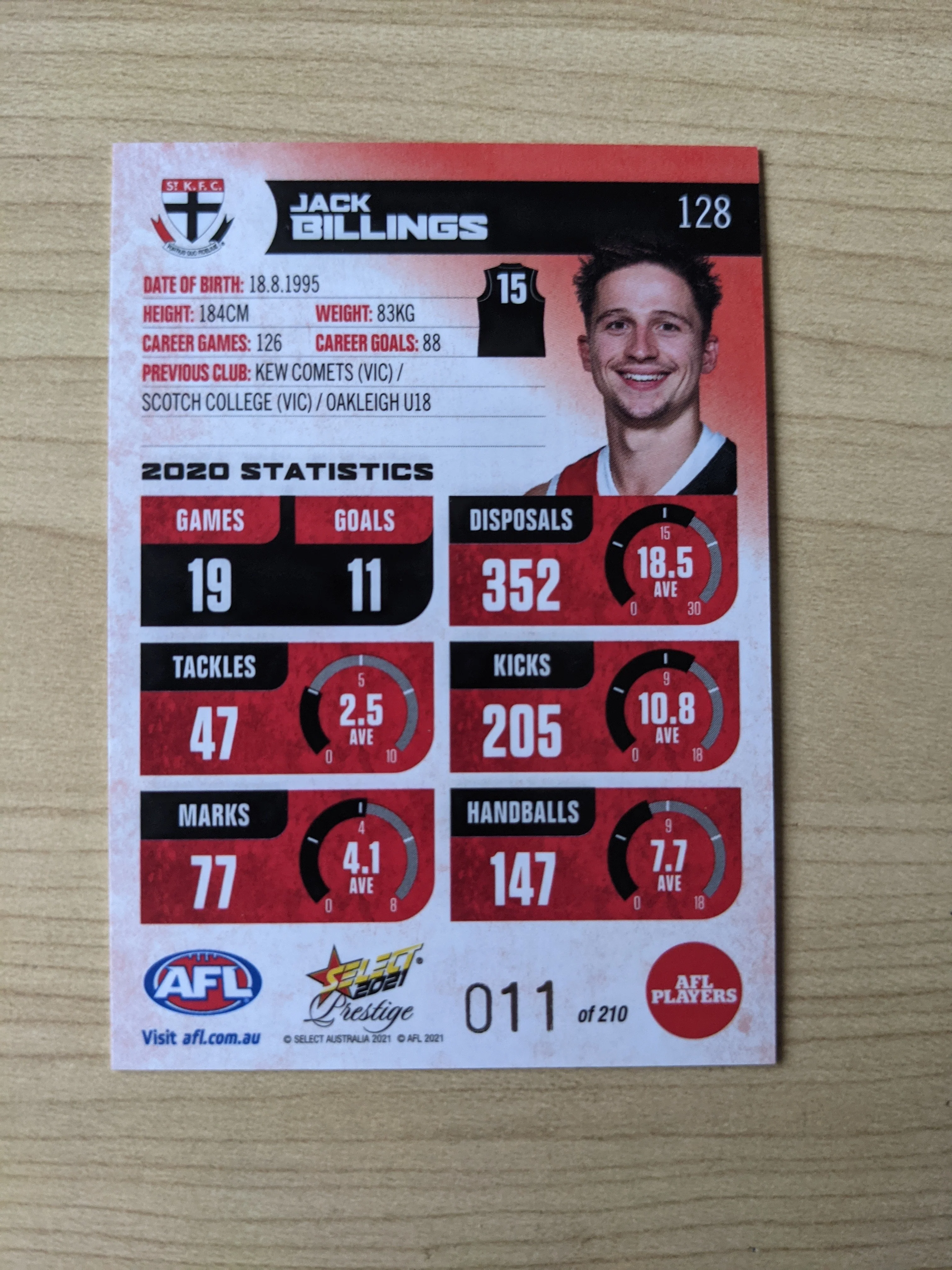 2021 AFL Select Prestige Red Parallel St Kilda Jack Billings 11/210 - Image 2