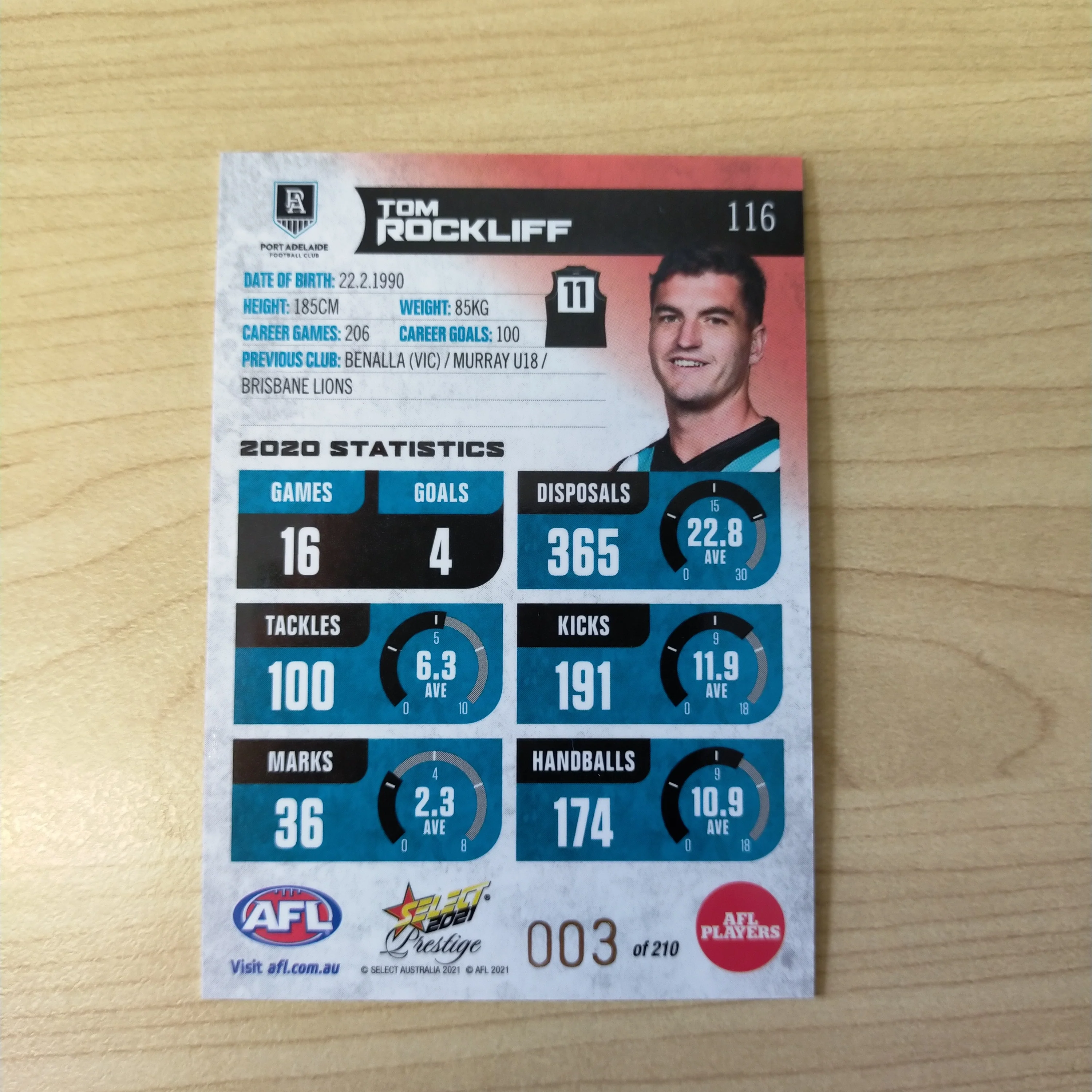 2021 AFL Select Prestige Red Parallel Tom Rockliff Port Adelaide LOW NUMBER No.003/210 - Image 2