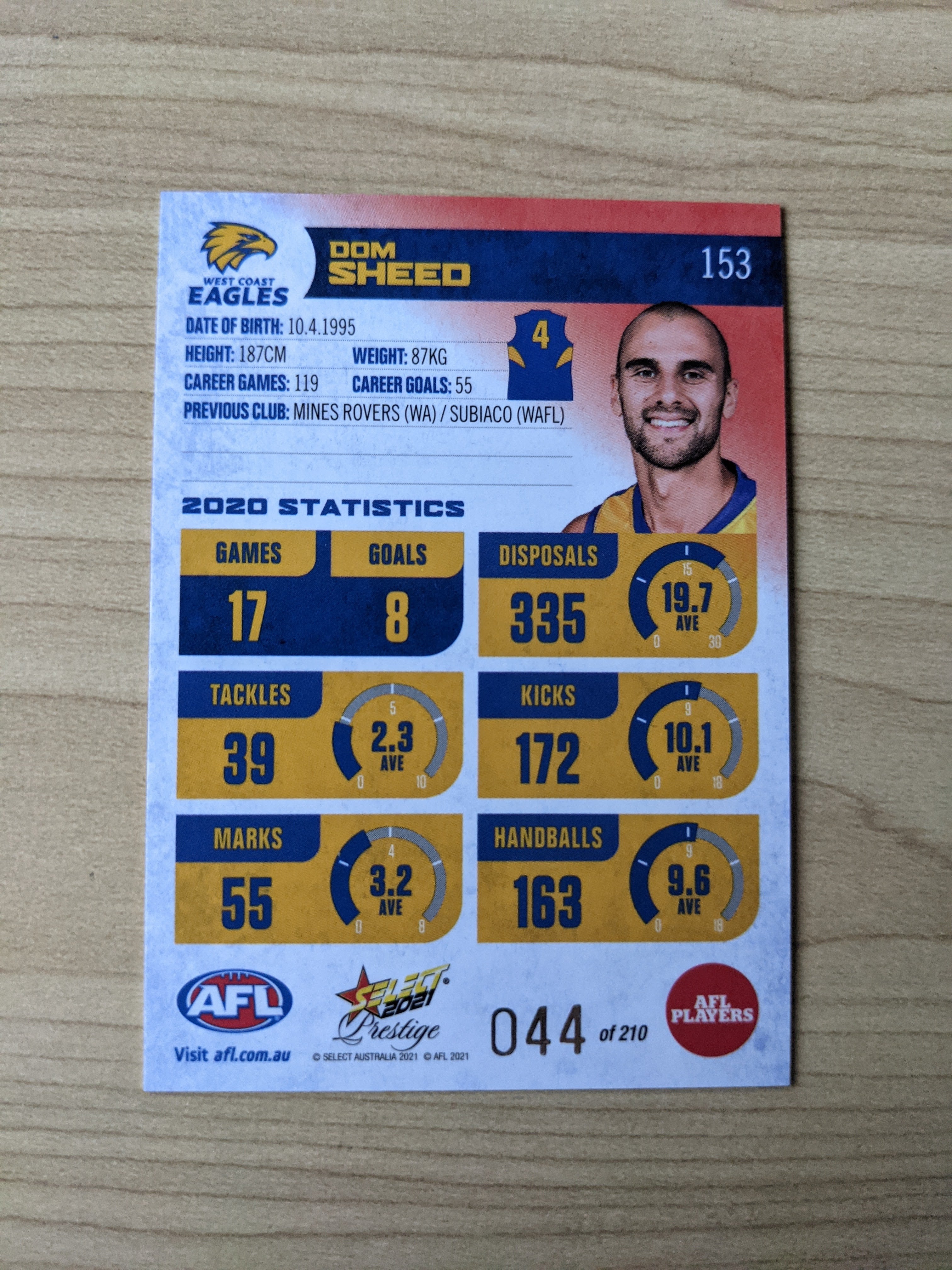 2021 AFL Select Prestige Red Parallel West Coast Dom Sheed 44/210 - Image 2