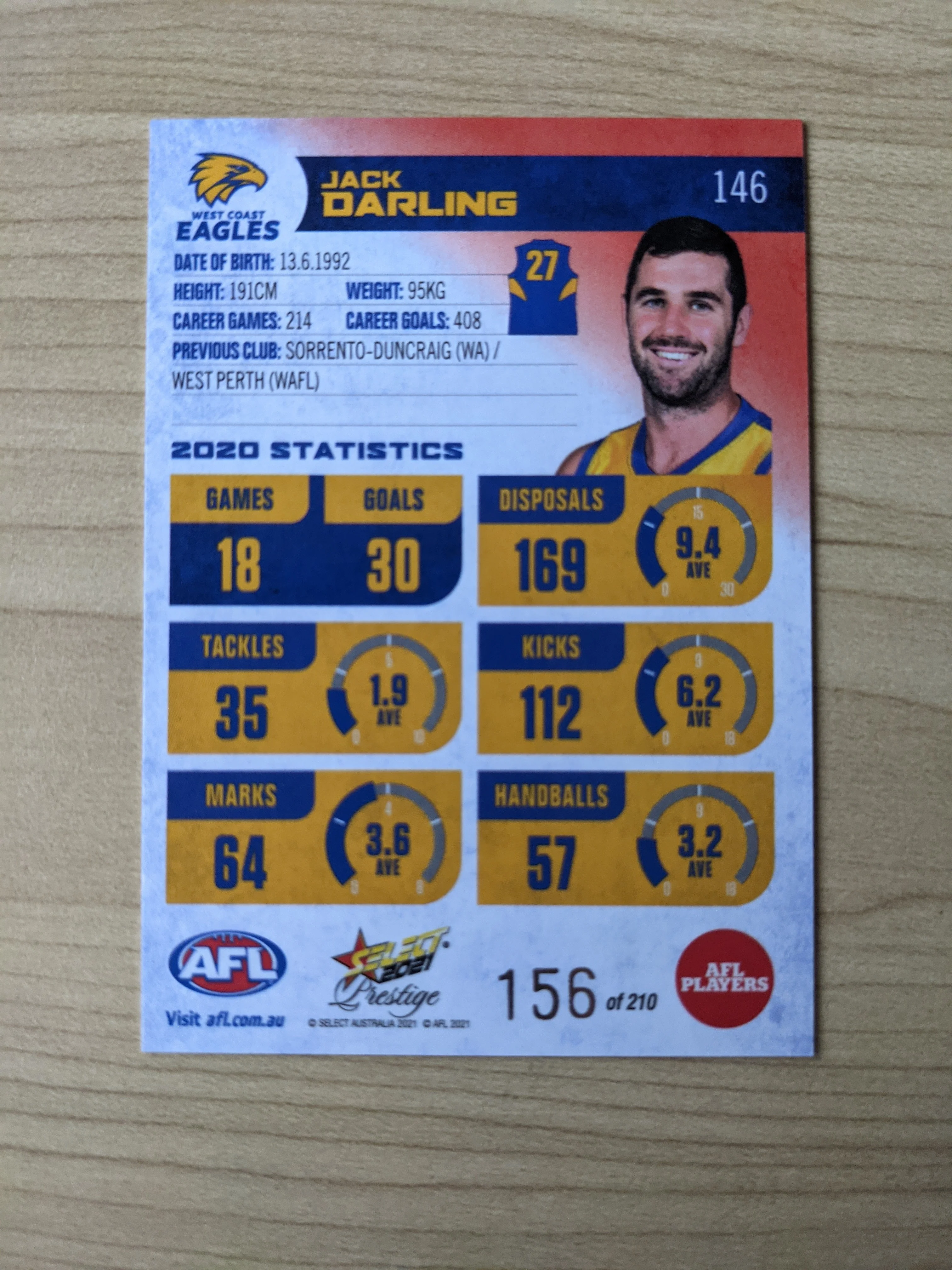 2021 AFL Select Prestige Red Parallel West Coast Jack Darling 156/210