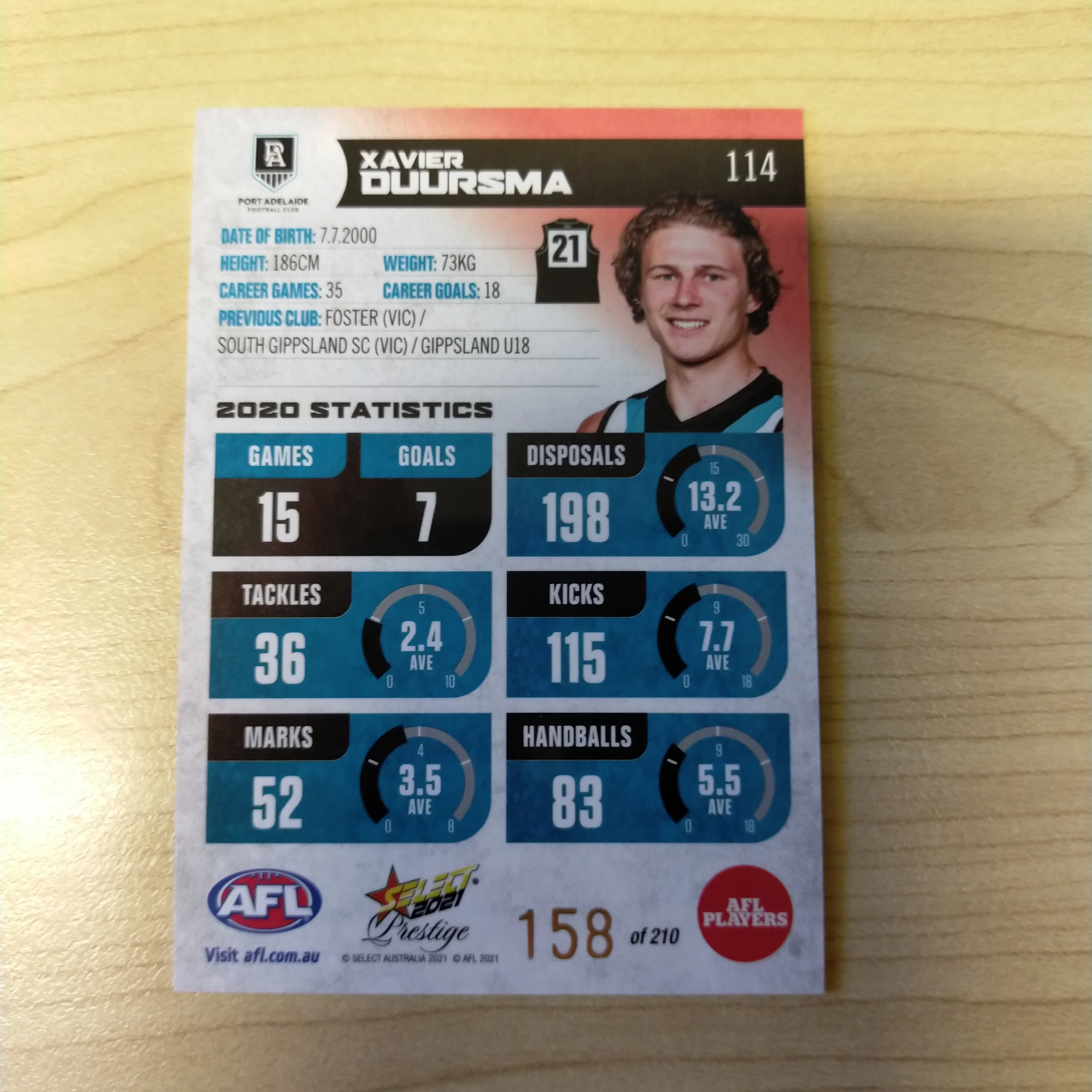 2021 AFL Select Prestige Red Parallel Xavier Duursma Port Adelaide No.158/210 - Image 2