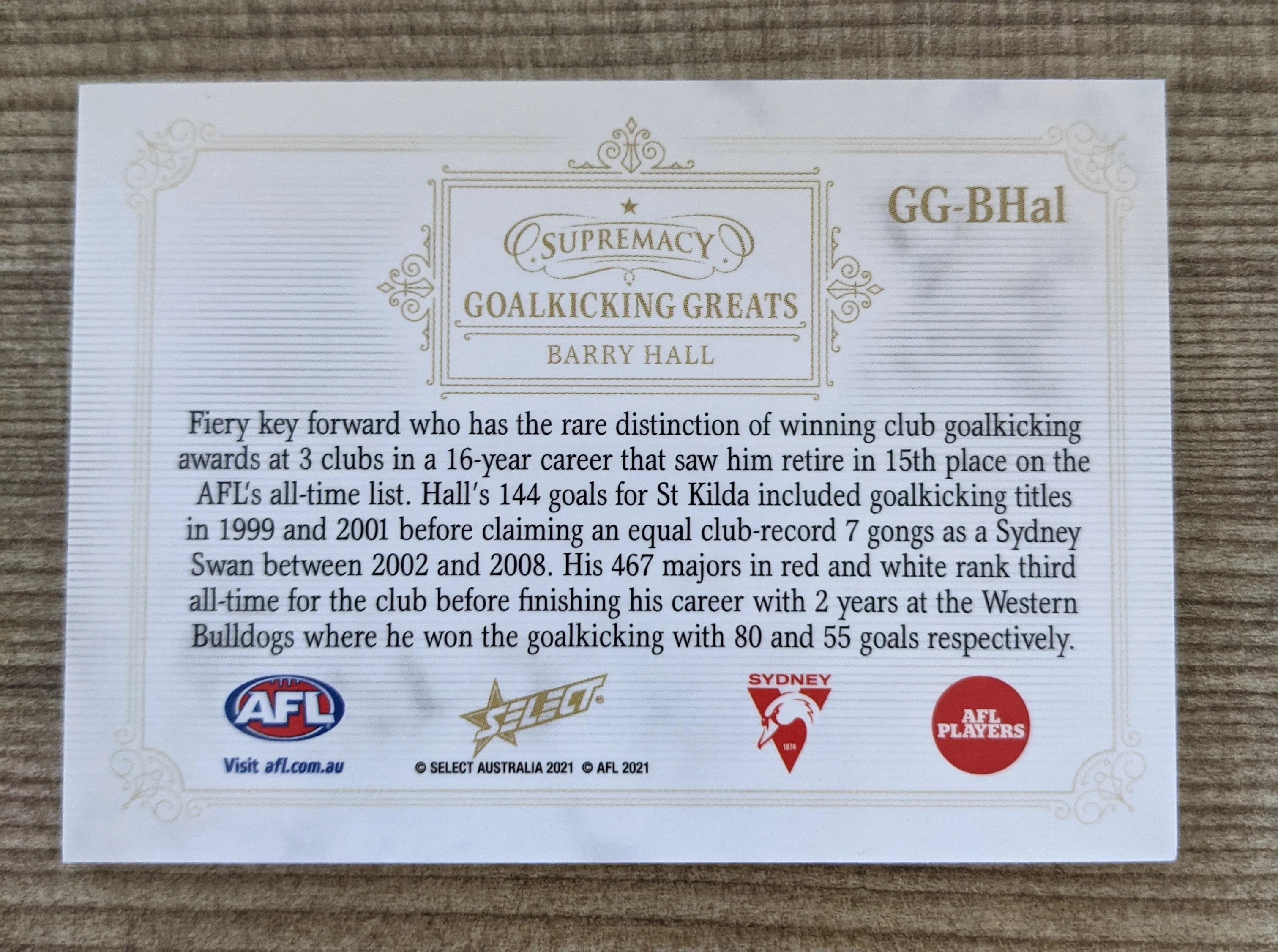 2021 AFL Select Supremacy Goalkicking Greats Barry Hall Sydney 17/50 - Image 2