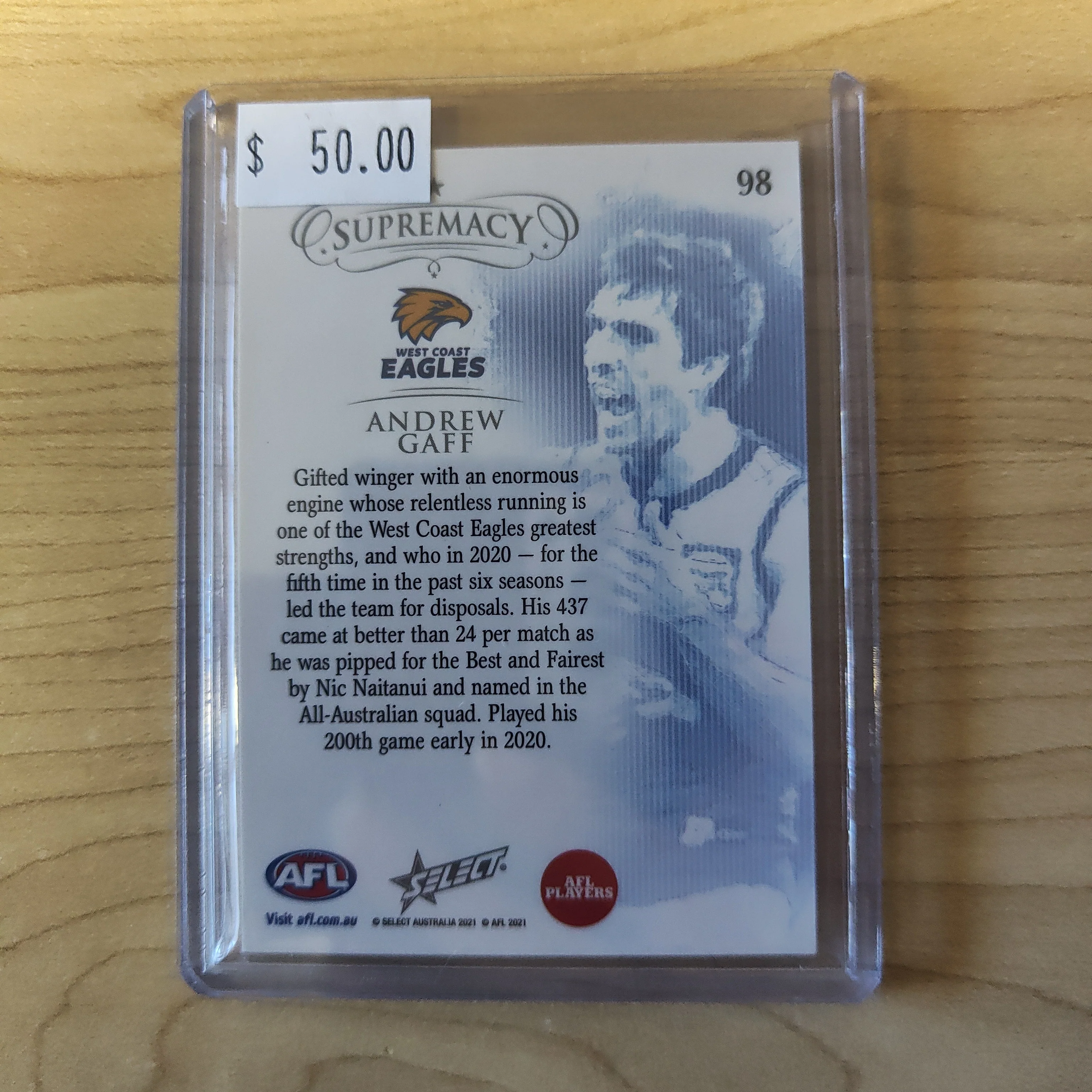 2021 AFL Select Supremacy Gold Base Card Andrew Gaff West Coast 26/90 - Image 2