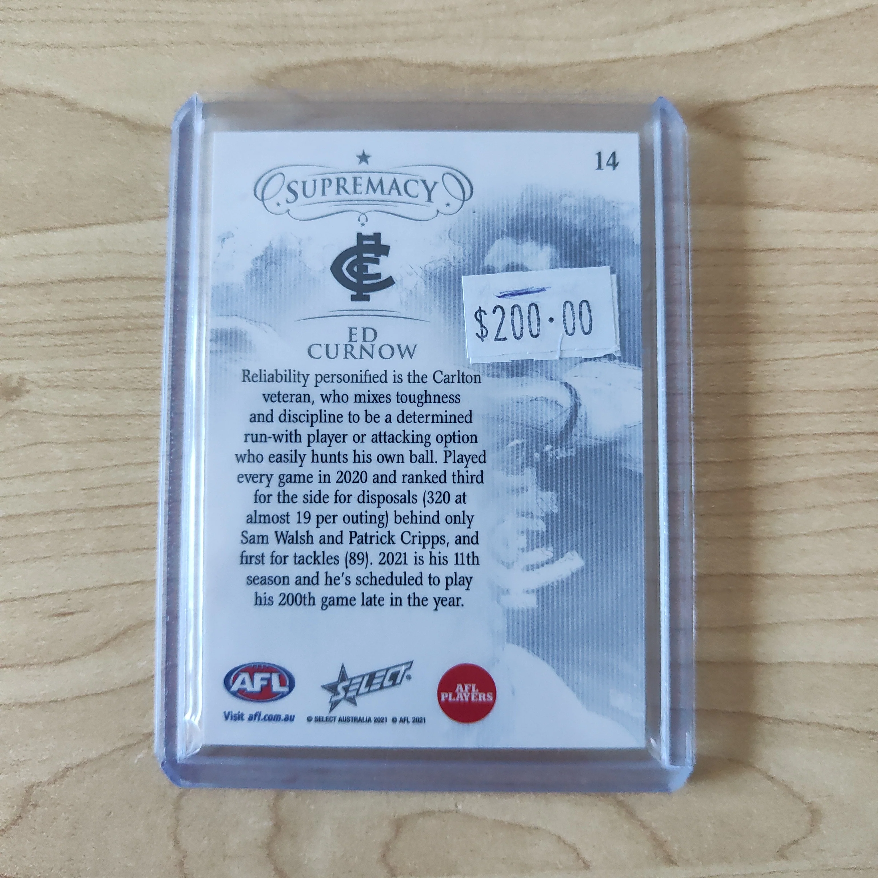 2021 AFL Select Supremacy Red Base Card Ed Curnow Carlton 21/45 - Image 2