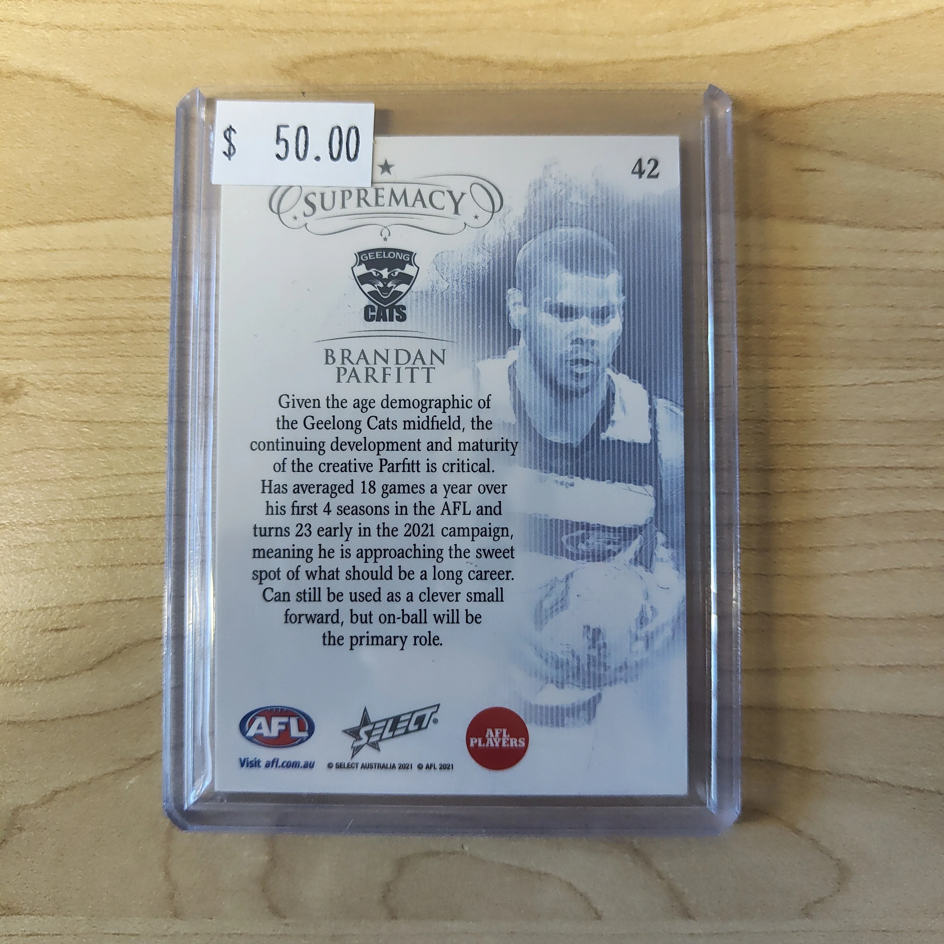2021 AFL Select Supremacy Silver Base Card Brandan Parfitt Geelong 092/135 - Image 2