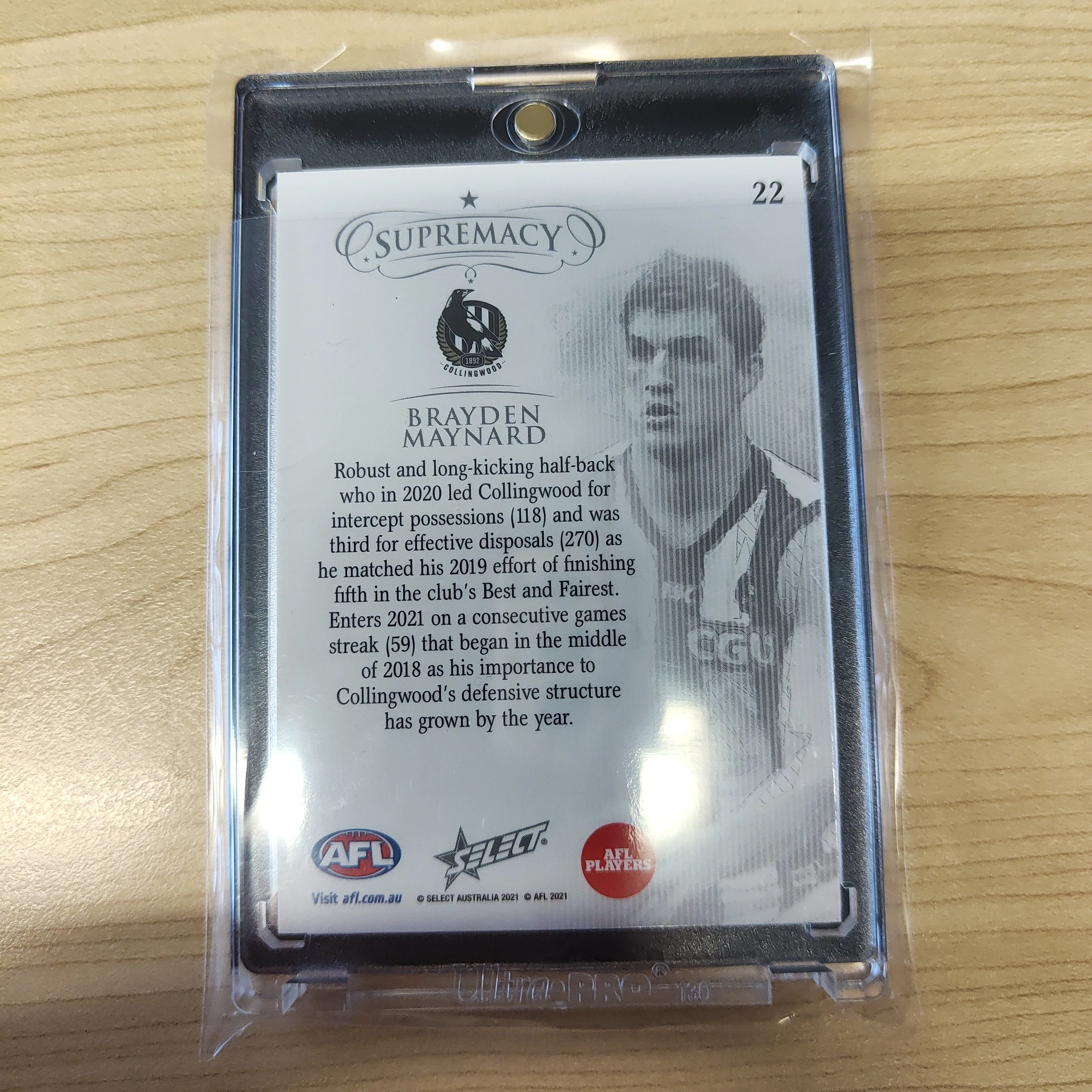 2021 AFL Select Supremacy Silver Base Card Brayden Maynard Collingwood 105/135 - Image 2