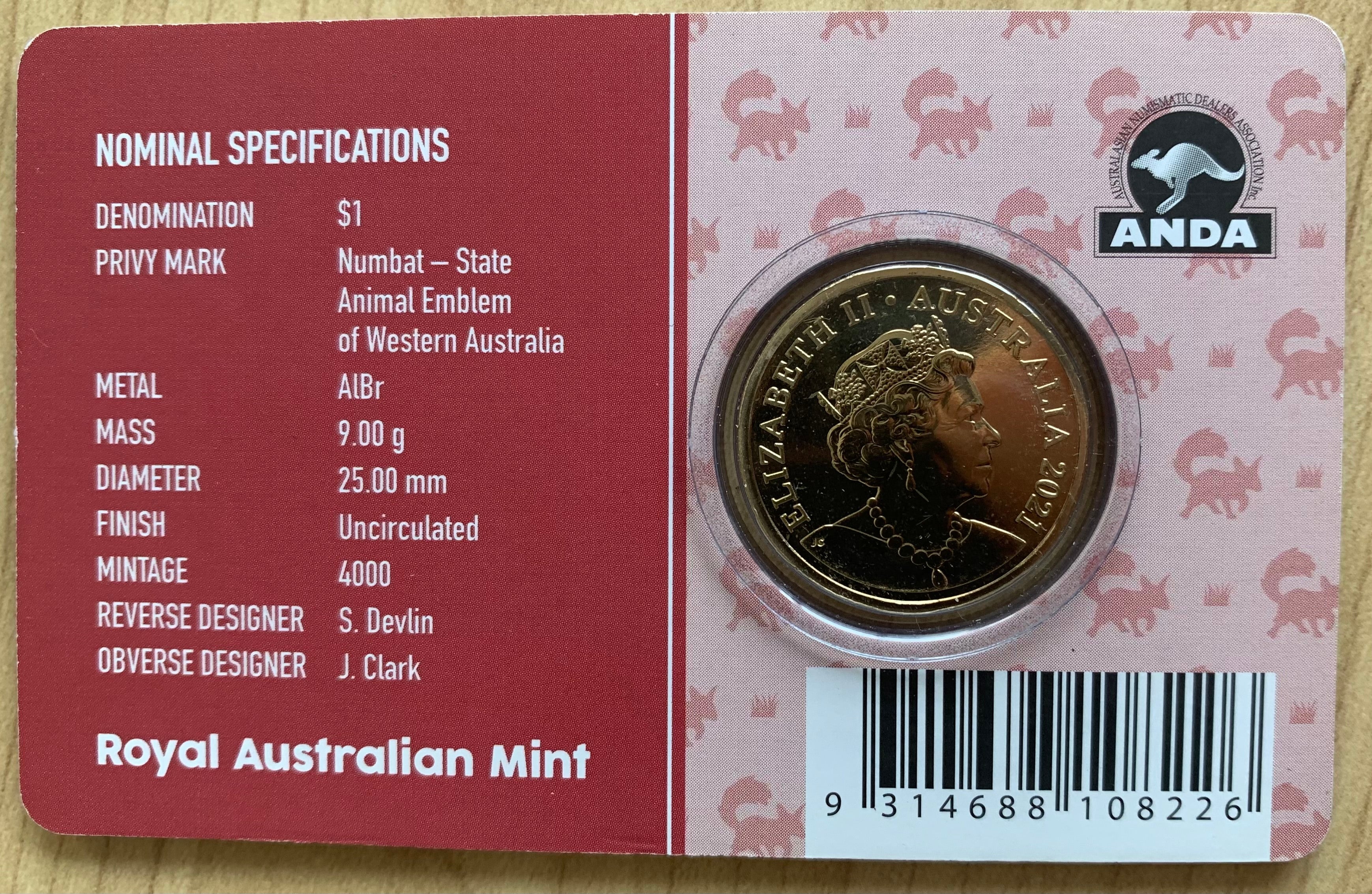 2021 Australia $1 carded Mob of Roos Numbat Royal Australian Mint Uncirculated Coin Perth ANDA - Image 2