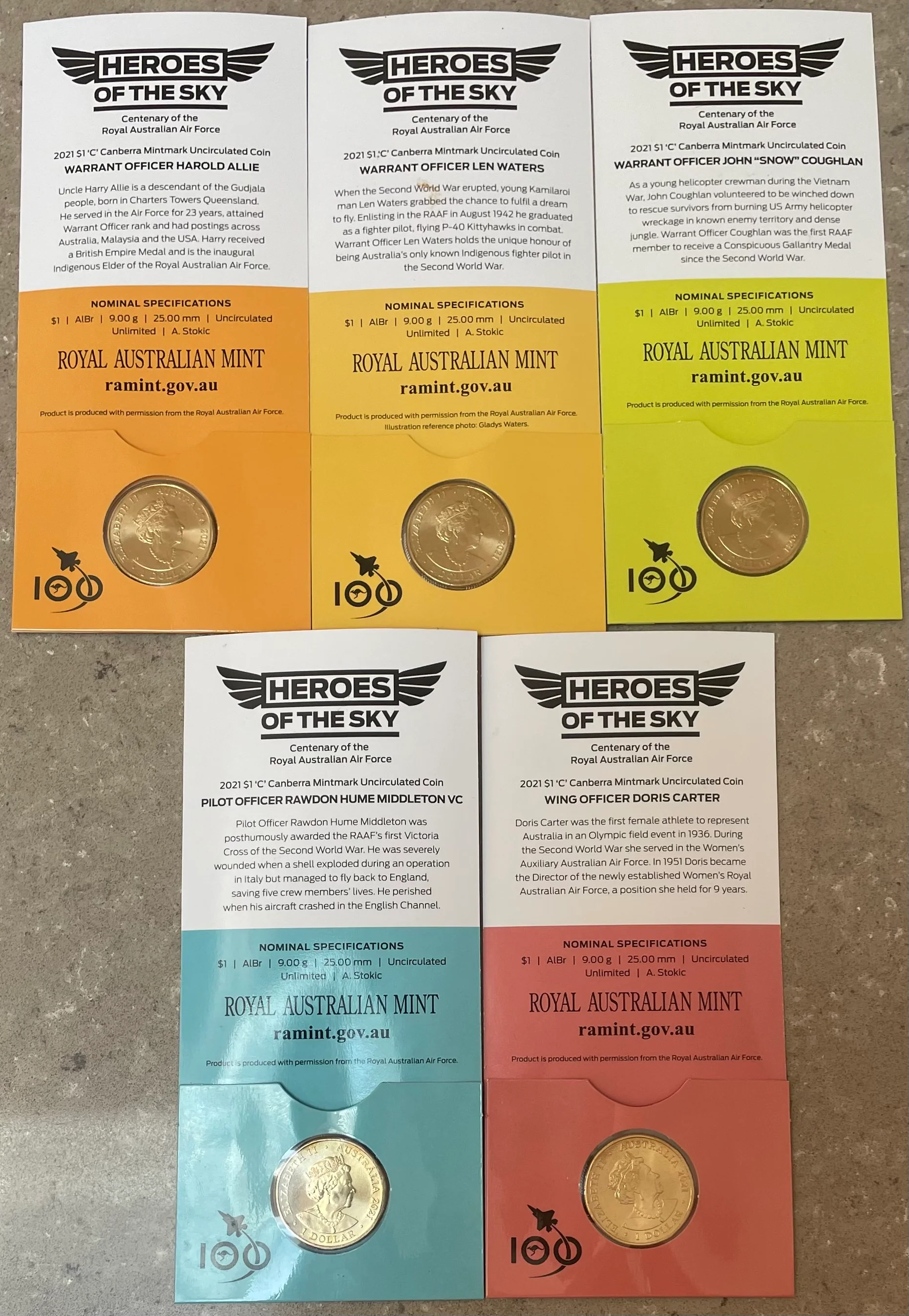 Australia 2021 Royal Australian Mint $1 Heroes of the Sky Set of 5 Uncirculated Coins - Image 2