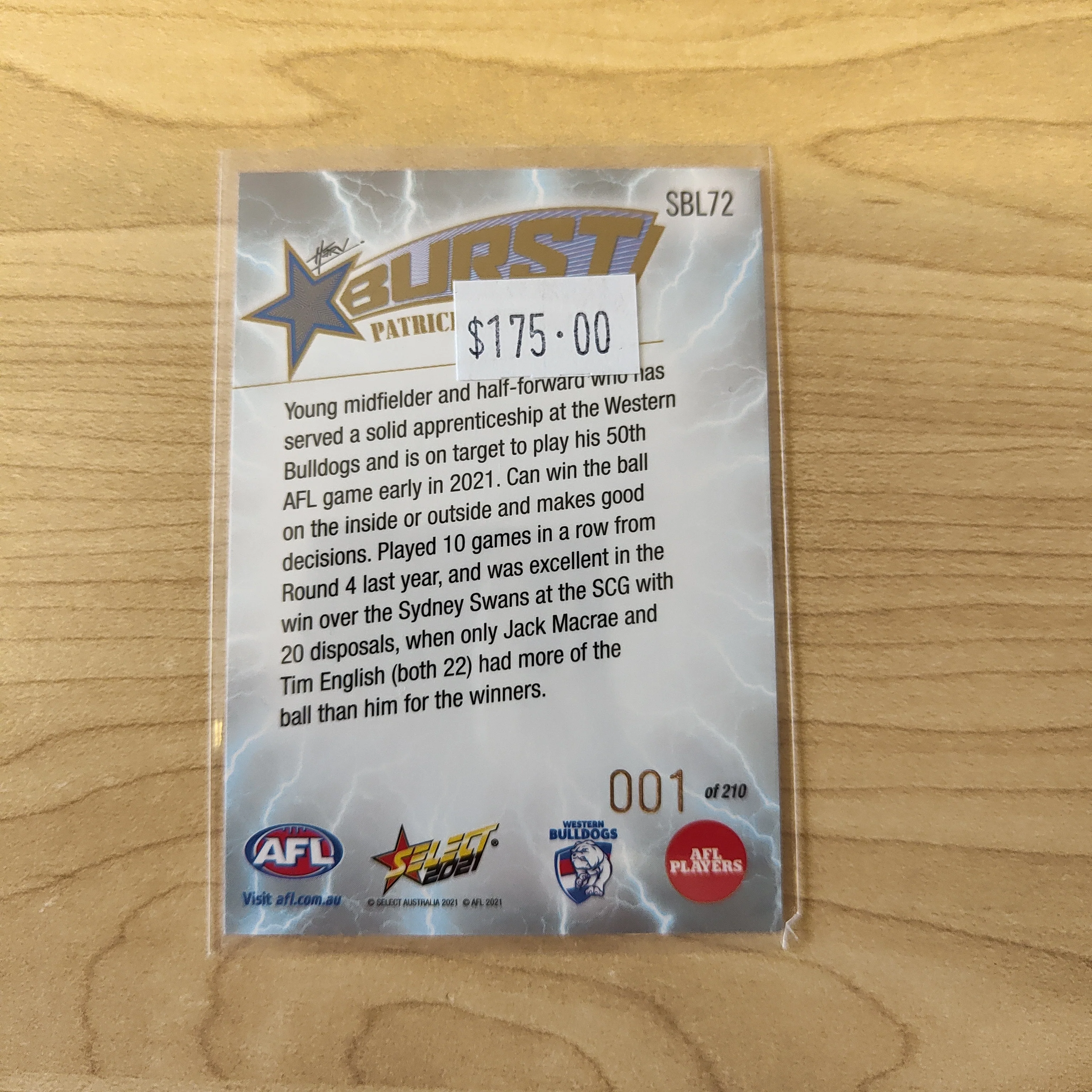 2021 Select Footy Stars Lightning Star Burst Patrick Lipinski Western Bulldogs LOW NUMBER 001/210 - Image 2