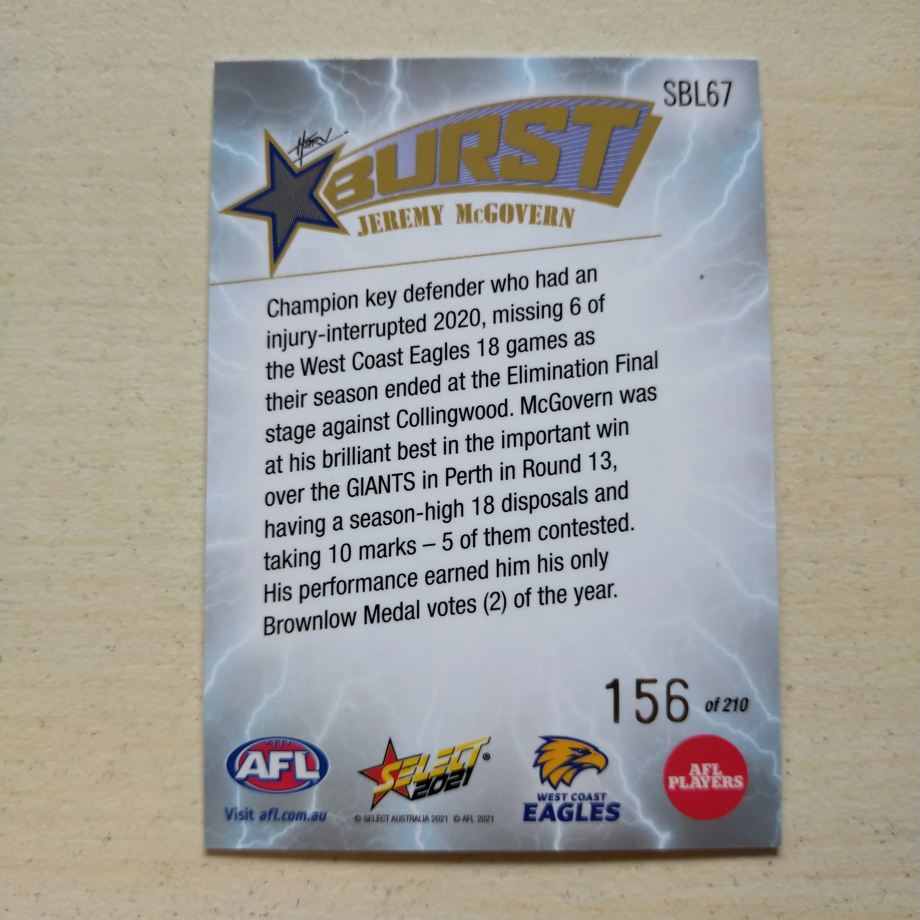 2021 Select Footy Stars Lightning Starburst Card Jeremy McGovern West Coast No.156/210 - Image 2