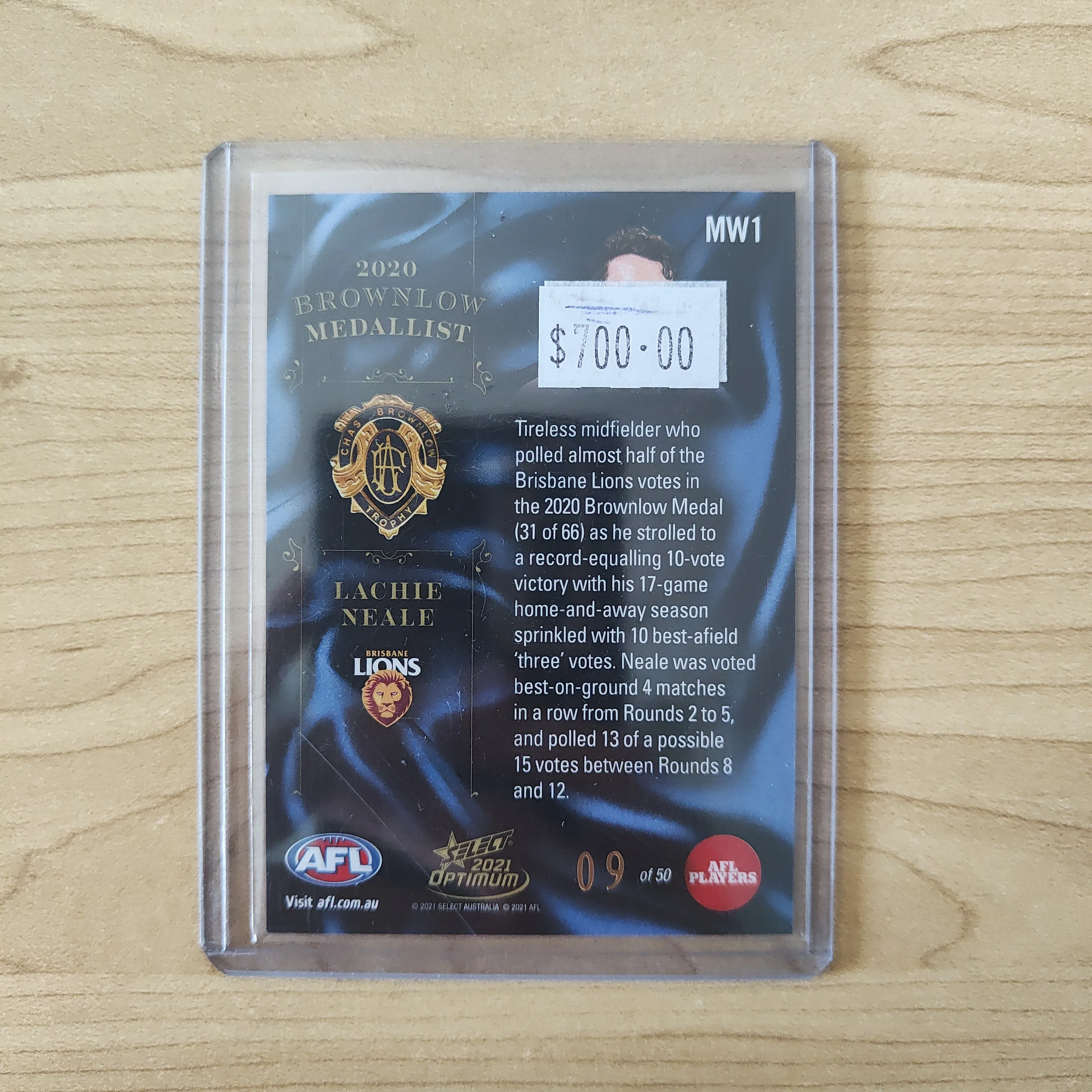 2021 Select Optimum Medal Winners Brownlow Medallist Lachie Neale Brisbane MW1 09/50 - Image 2