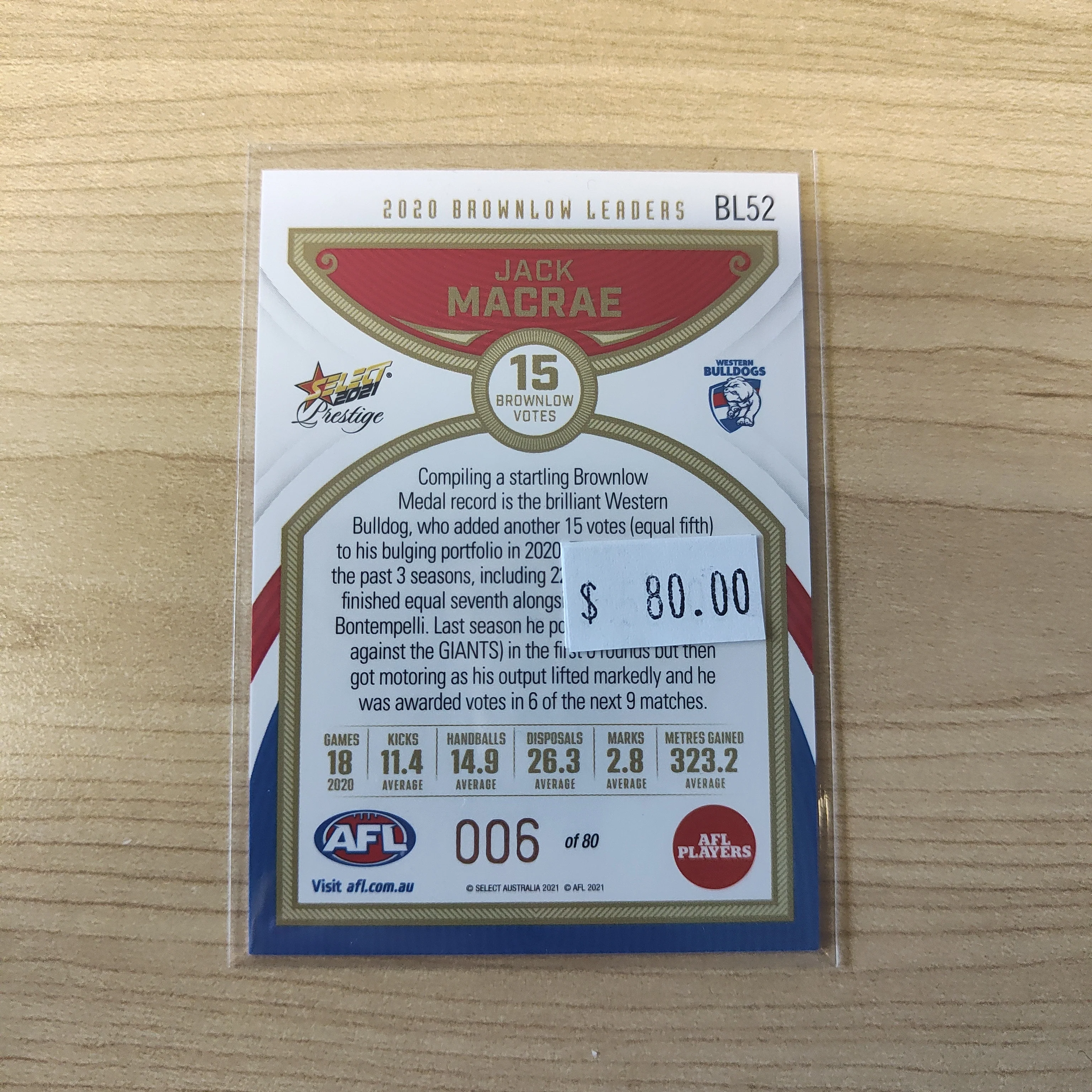 2021 Select Prestige Brownlow Leaders Jack Macrae Western Bulldogs LOW NUMBER No.006/80 - Image 2