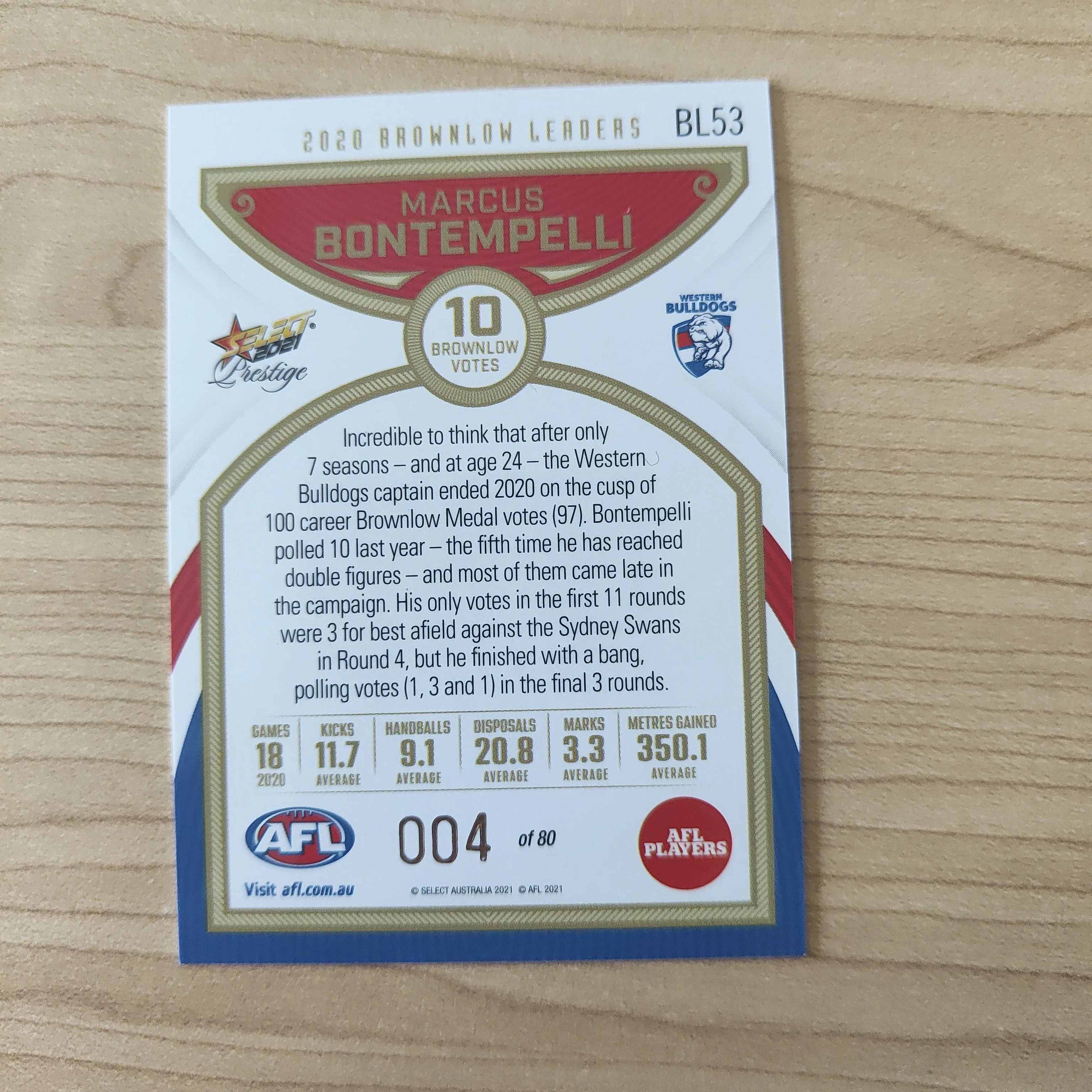 2021 Select Prestige Brownlow Leaders Marcus Bontempelli Western Bulldogs LOW NUMBER No.004/80 - Image 2