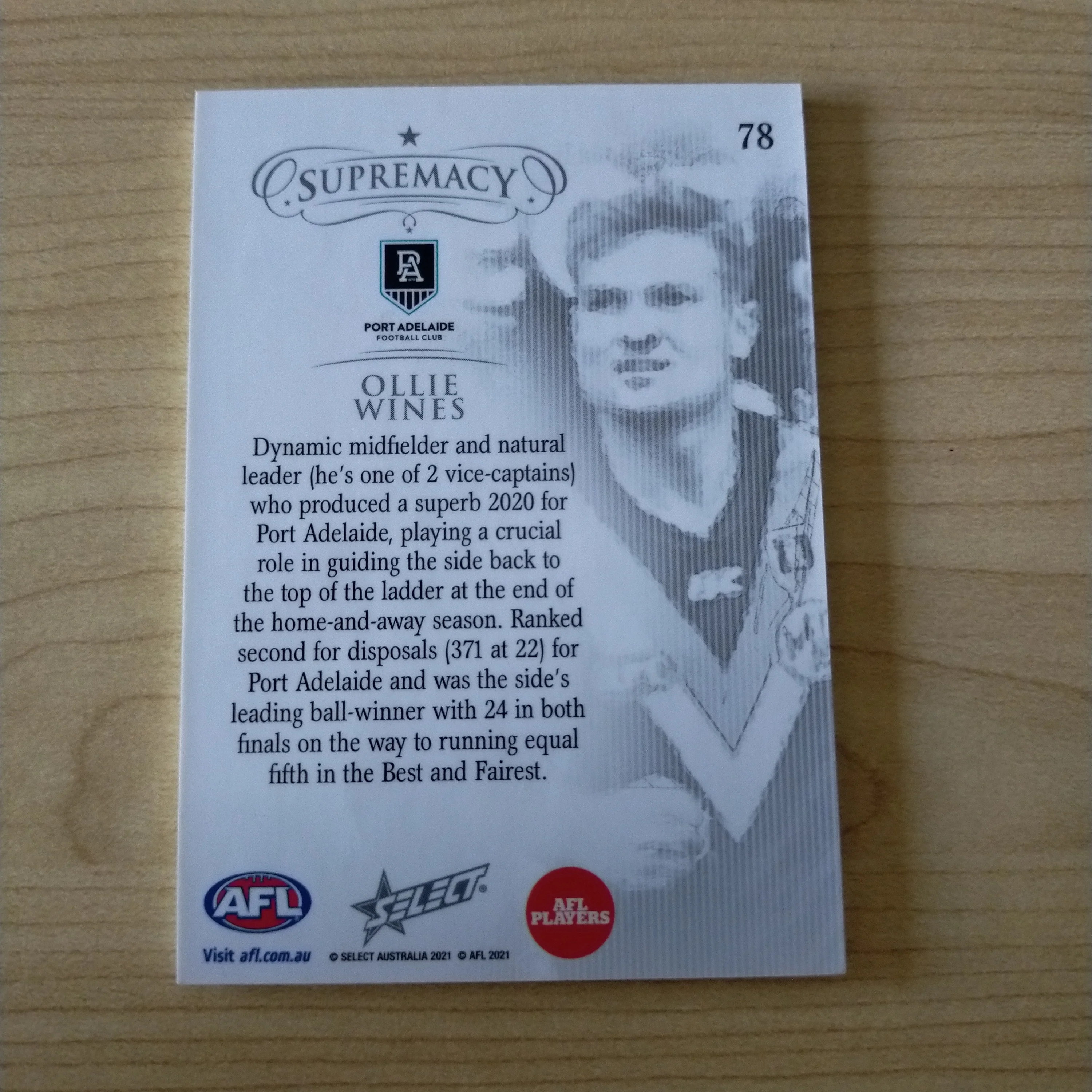 2021 Select Supremacy Gold Base Card Ollie Wines Port Adelaide 29/90 - Image 2