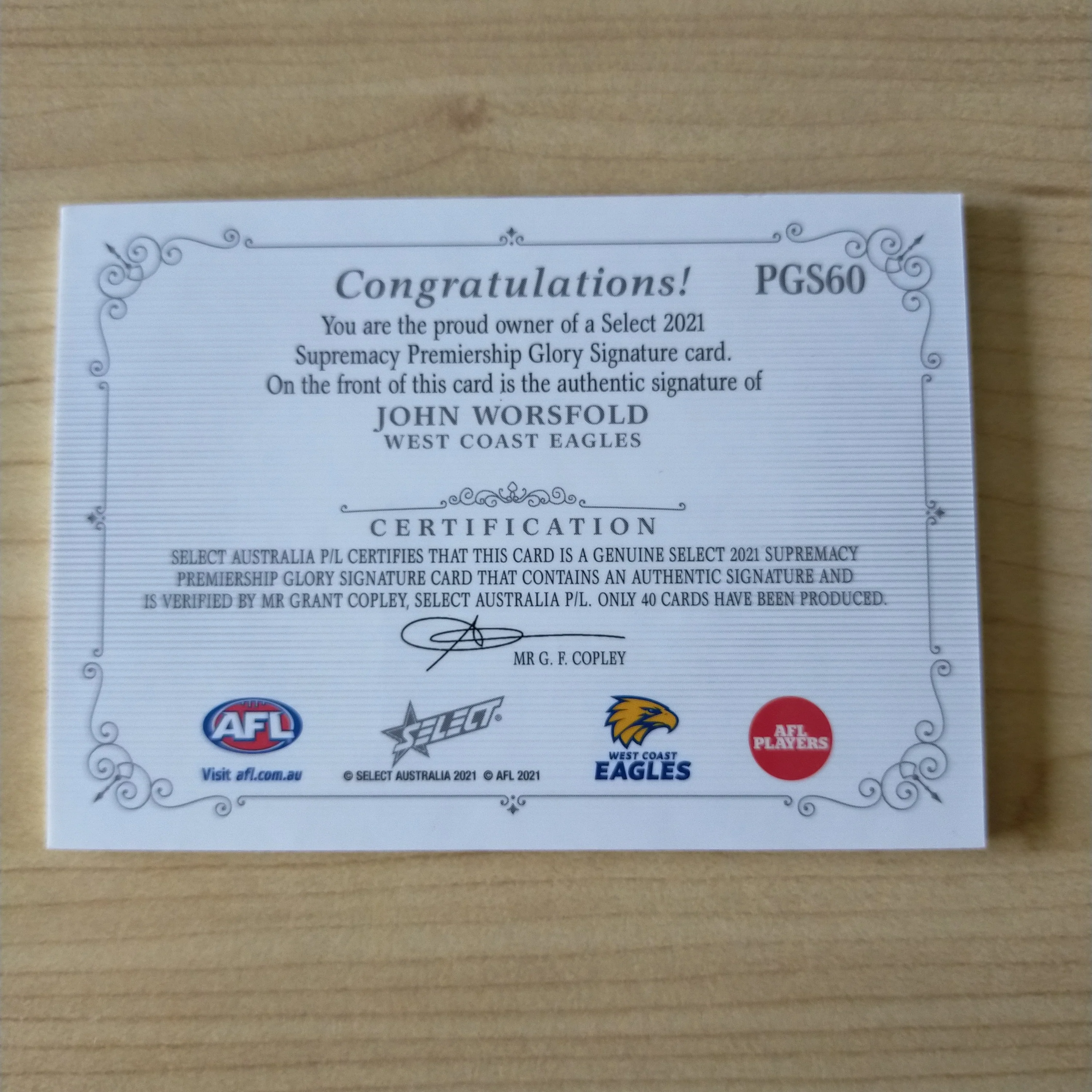 2021 Select Supremacy Premiership Glory Signature John Worsfold West Coast 34/40 - Image 2